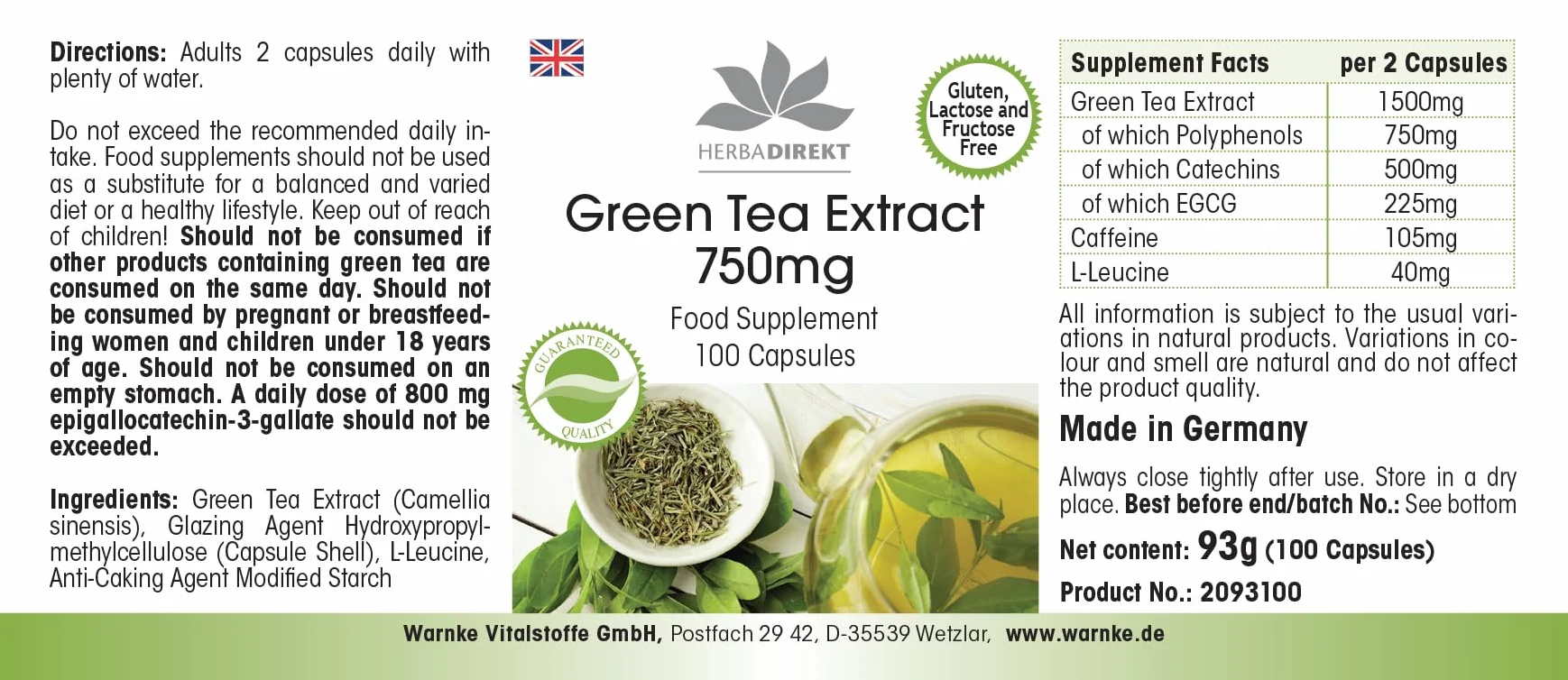 Estratto di tè verde 750 mg capsule - 100 capsule - polifenoli - catechine - EGCG - caffeina - ad alto dosaggio - vegano | HERBADIREKT by Warnke Vitalstoffe - Qualità farmaceutica tedesca