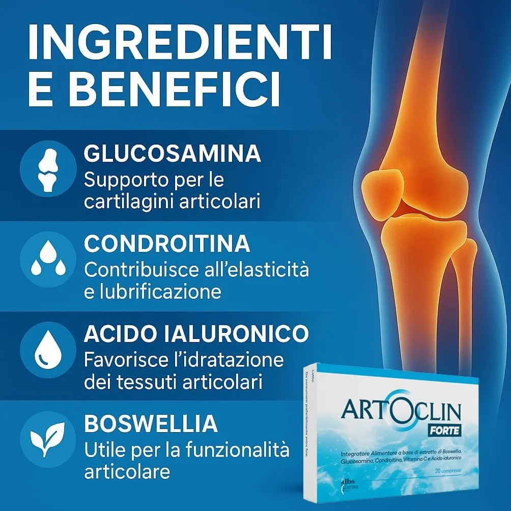 ARTOCLIN FORTE | Articolazioni e Cartilagine Integratori | Glucosamina, Condroitina, Acido Ialuronico, Boswellia e Vitamina C | Supporto Cartilagini, Mobilità e Comfort Articolare | Made in Italy