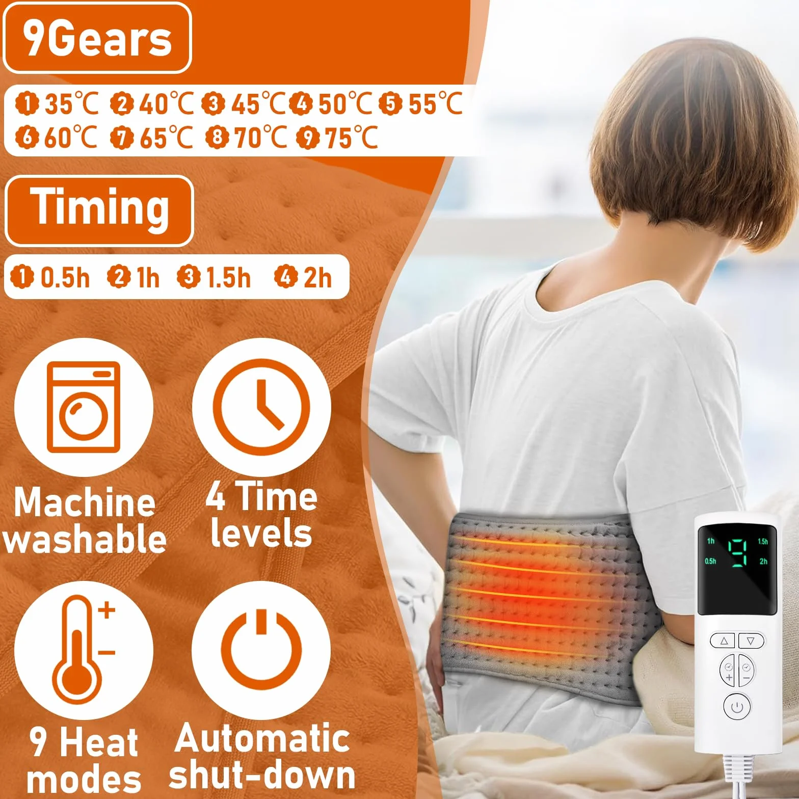 Termoforo Elettrico 125x30cm Termoforo Lombare con 9 Livelli di Calore,4 Impostazioni di Tempo,Cuscino Termico Elettrico per Schiena Addome,Spegnimento Automatico Coperte comode