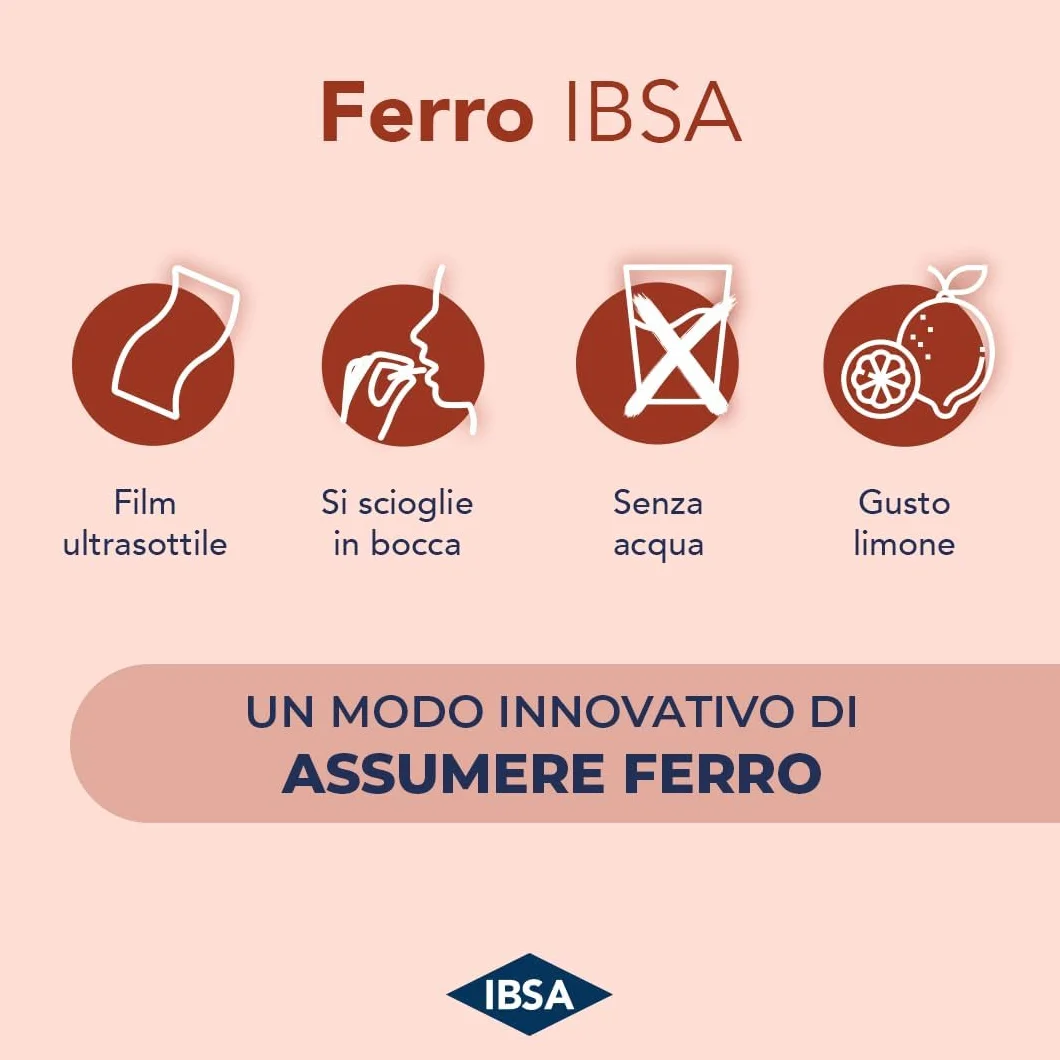 Ferro IBSA | 20 Film Orodispersibili. Integratore alimentare a base di Ferro e di Acido Folico che contribuiscono alla normale funzione del sistema immunitario e a ridurre stanchezza