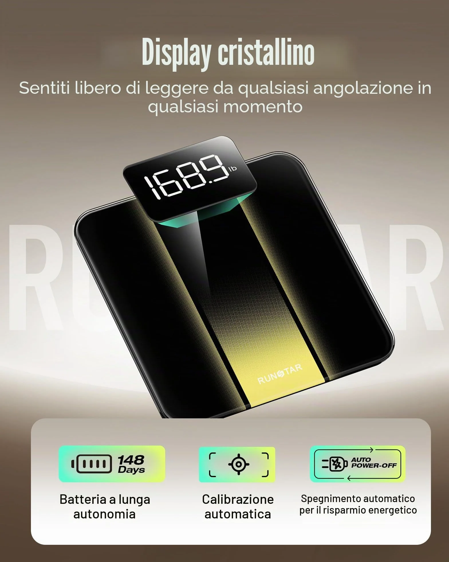 RunStar Bilancia Pesapersone Digitale Professionale, Max 180 kg, Display LED, Vetro Temperato 6 mm