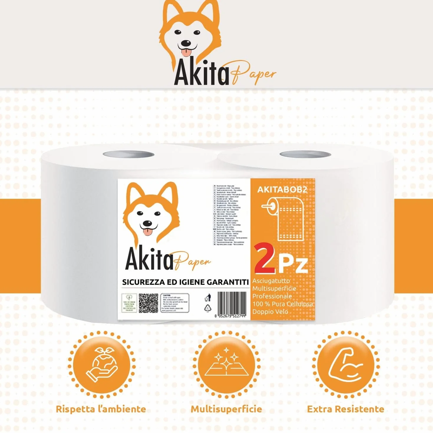 Akitaink Carta Asciugatutto Extra Resistente 2kg 6400 Strappi 2 Veli Pura Cellulosa Bobina Cucina Made in Italy