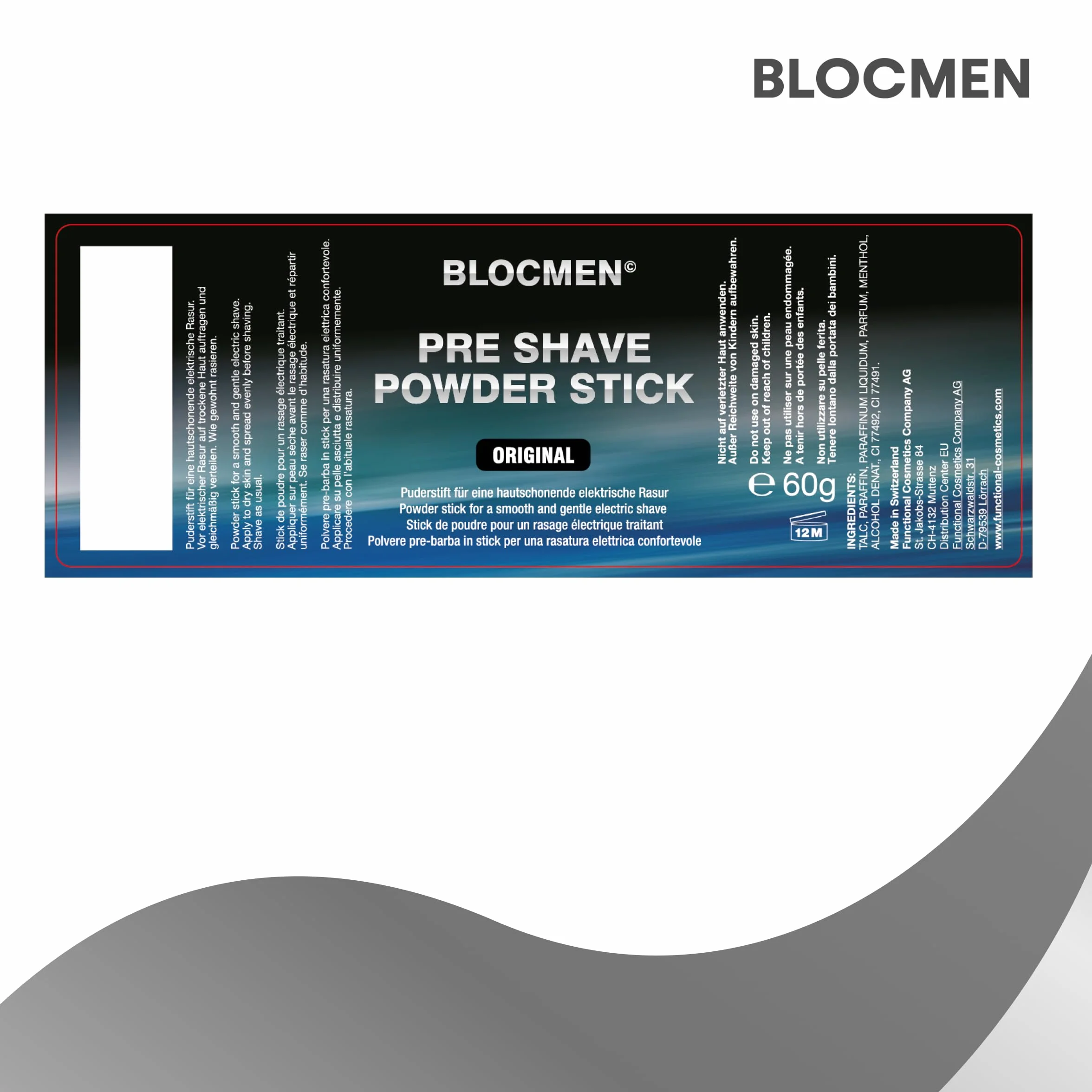 BLOCMEN Original Stick di cipria per una rasatura a secco delicata ohne irritazioni 60g - pre-barba con mentolo per uomo