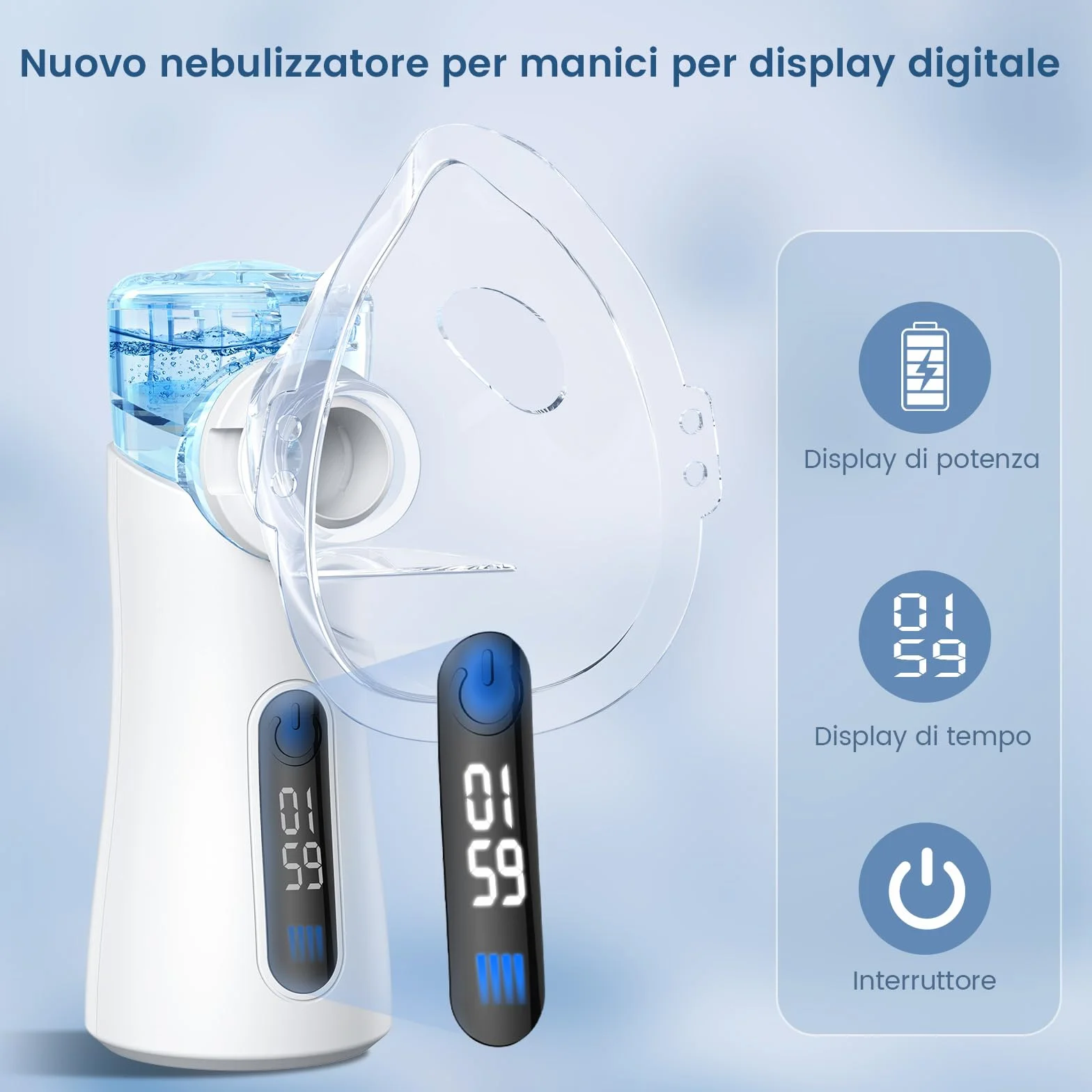 Nebulizzatore ad Ultrasuoni Portatile 85g Silenzioso 30dB 2 Modalità Display Digitale Autopulizia