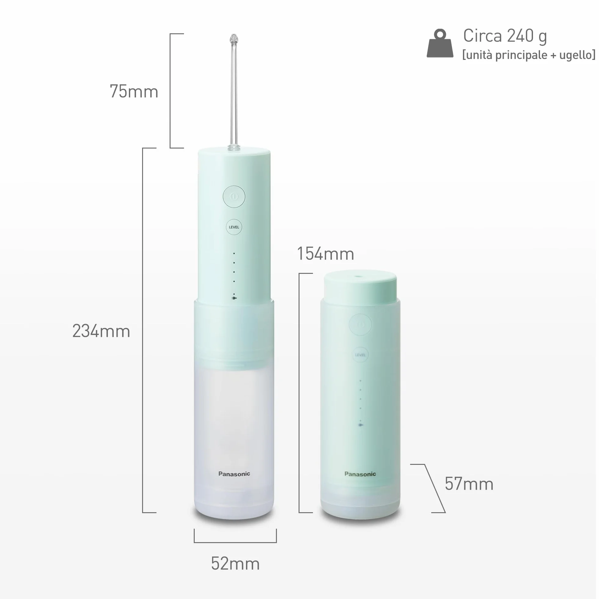 Panasonic EW-DJ4B-G503 Idropulsore, Irrigatore Orale,4 Impostazioni di Pressione dell'Acqua, Compatto e Portatile, Ultrasonica, Serbatoio 150 ml, Ricarica Rapida, Verde Menta e Bianco, 1.0 unità