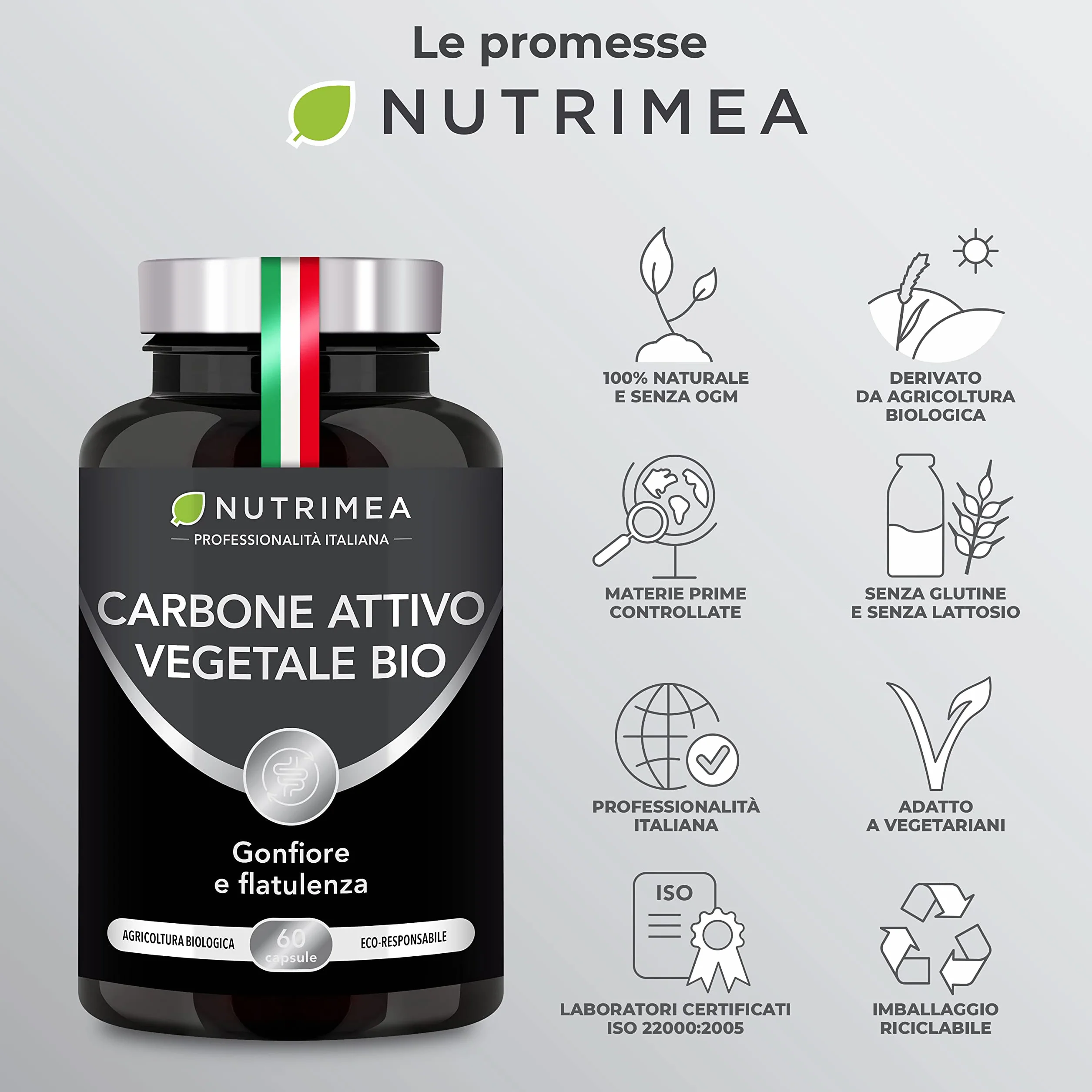 Nutrimea Carbone Attivo Vegetale Biologico 60 Capsule Integratore Contro Gonfiore Addominale