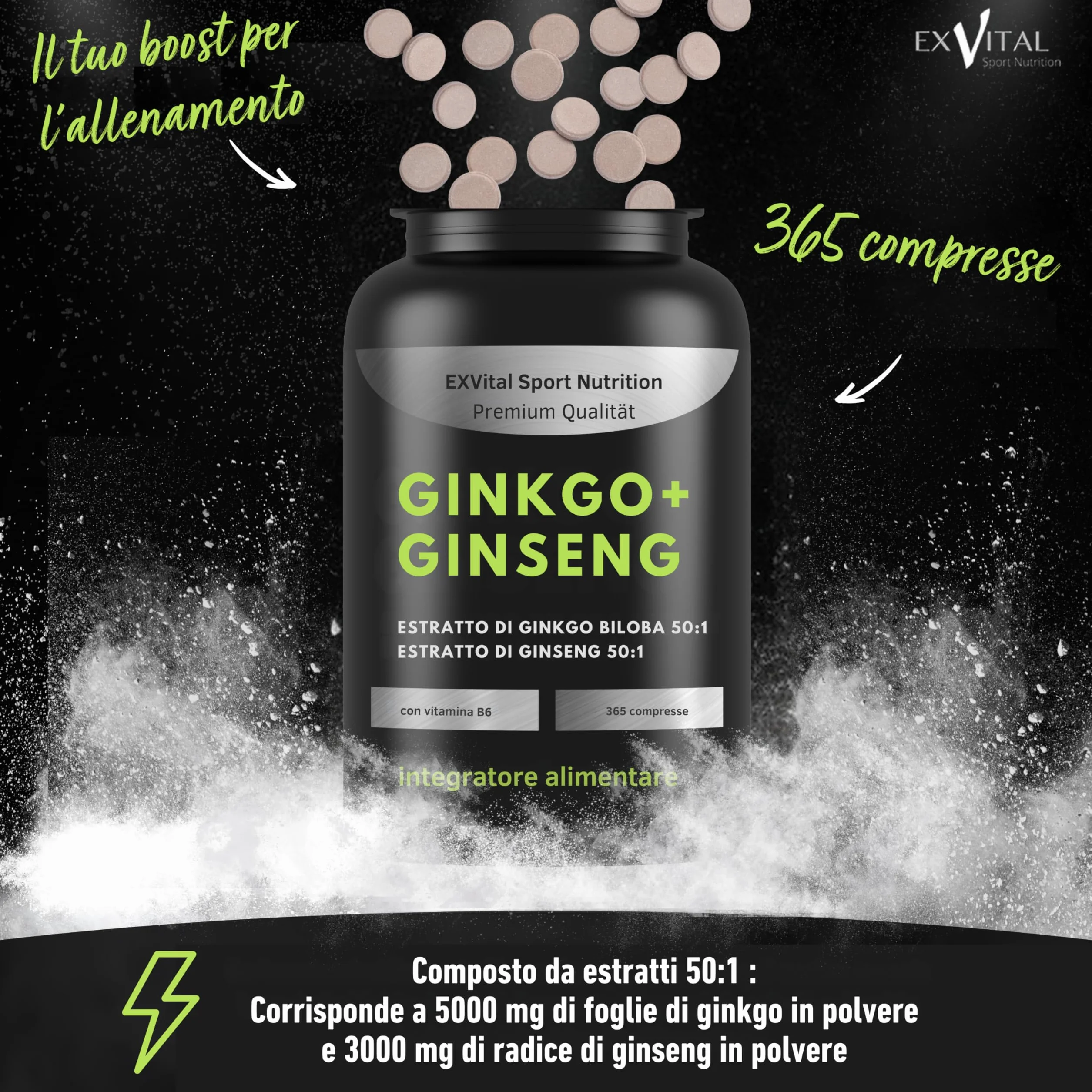 EXVital® Ginkgo + Ginseng, 365 compresse, estratti vegetali 50:1, altamente dosati, Ginkgo Biloba e Ginseng coreano, Testato in laboratorio, Vegano