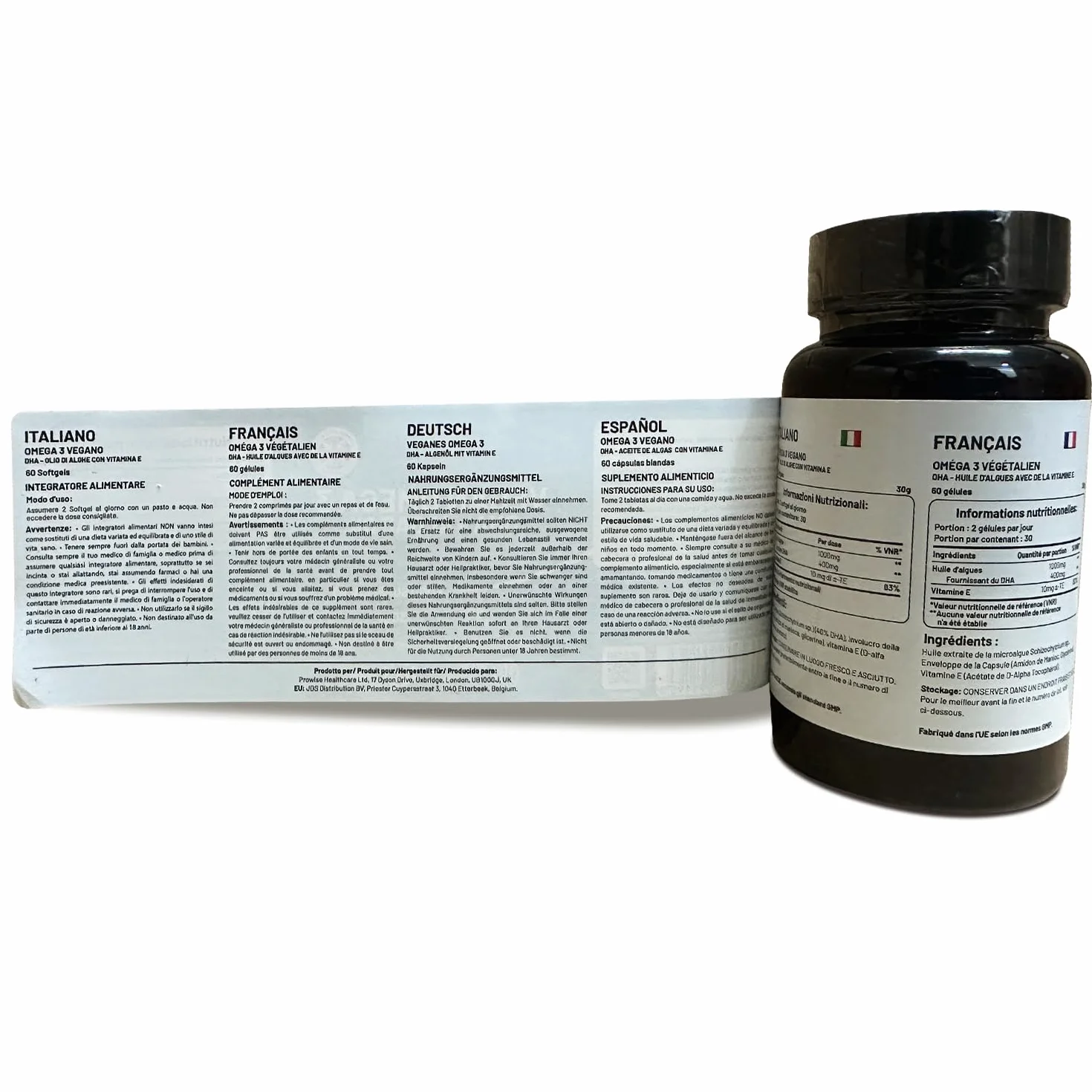 Prowise Vegan Omega-3 DHA da olio di alghe | 60 capsule molli con vitamina E | 400 mg di DHA + 10 mg di vitamina E | 100% vegetale | Fonte pura e sostenibile