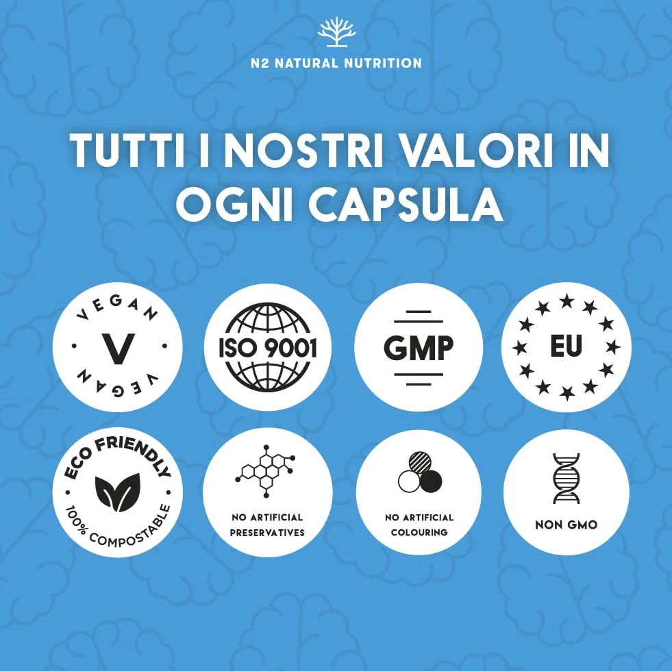 N2 Natural Nutrition Nootropico Naturale Ginkgo Biloba 1140mg Caffeina Bacopa Monnieri Integratore Concentrazione Memoria Vitamine Vegan 60 capsule