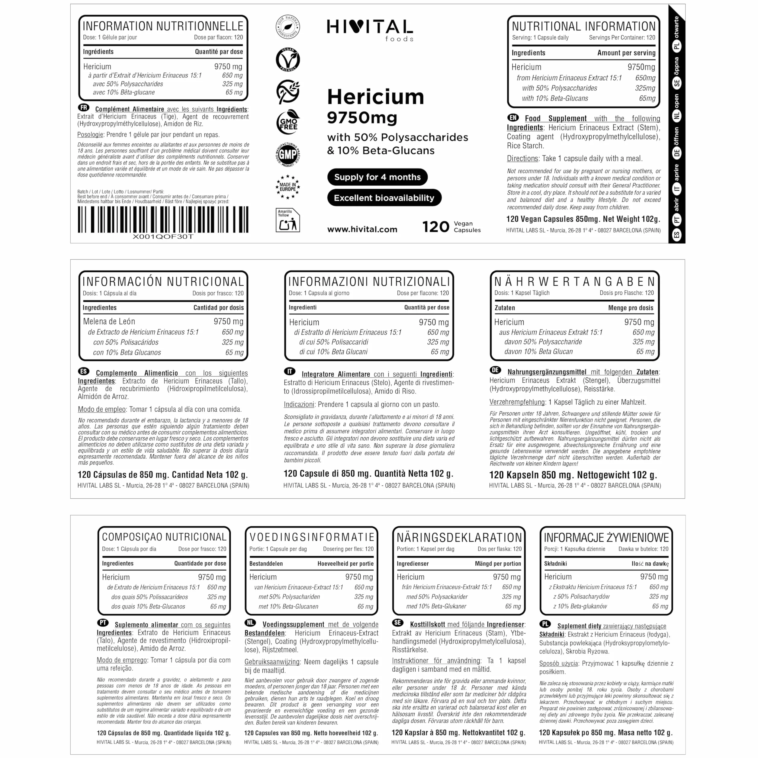 Lion's Mane 9750 mg. 120 capsule vegane per 4 mesi di trattamento. Estratto Naturale di Hericium Erinaceus con il 50% di Polisaccaridi e il 10% di Beta Glucani. Prodotto in Europa da HIVITAL