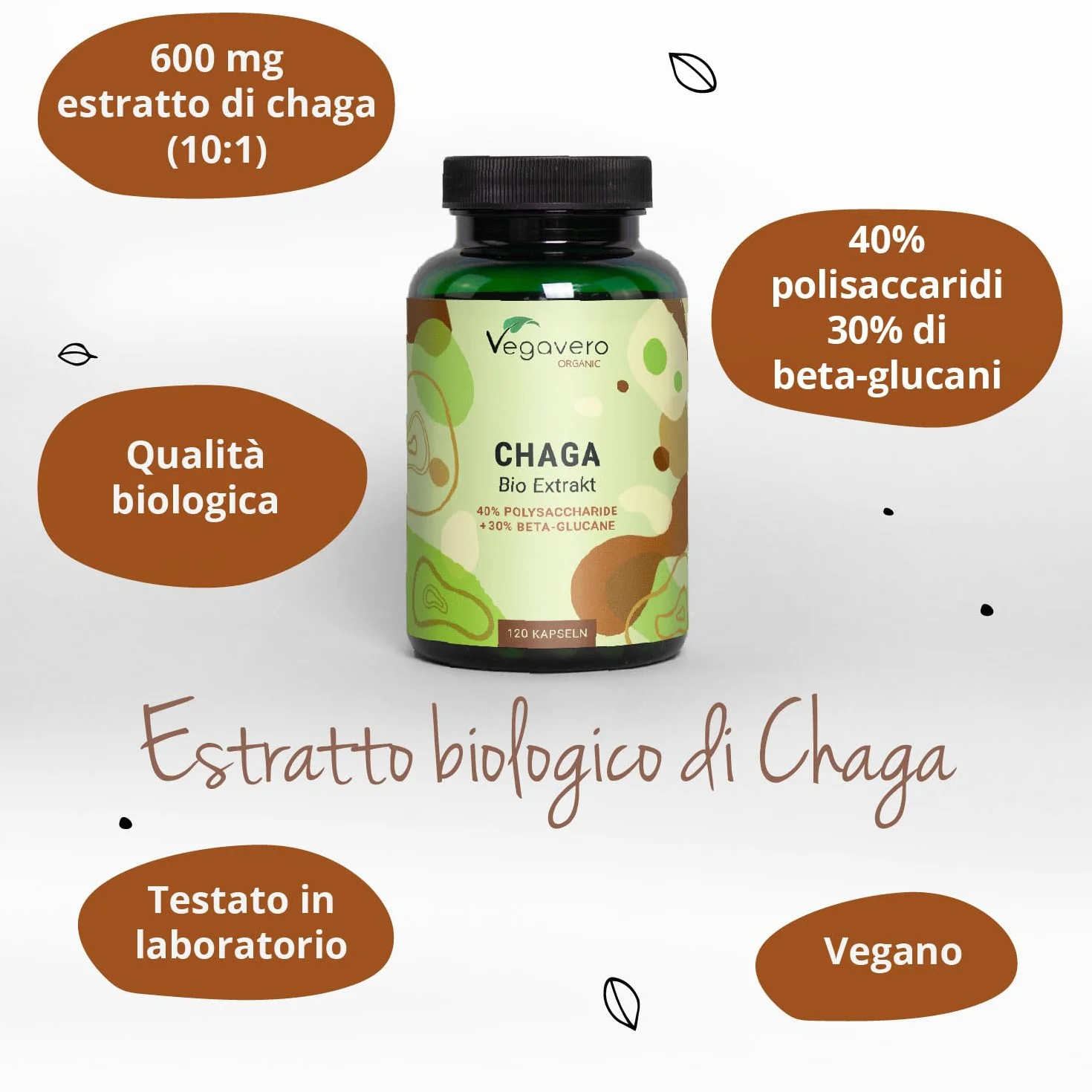 CHAGA BIO Vegavero® | 6000 mg (10:1) | Fungo Inonotus Obliquus | con 40% di Polisaccaridi e 30% di Beta Glucani | 120 capsule | Vegan