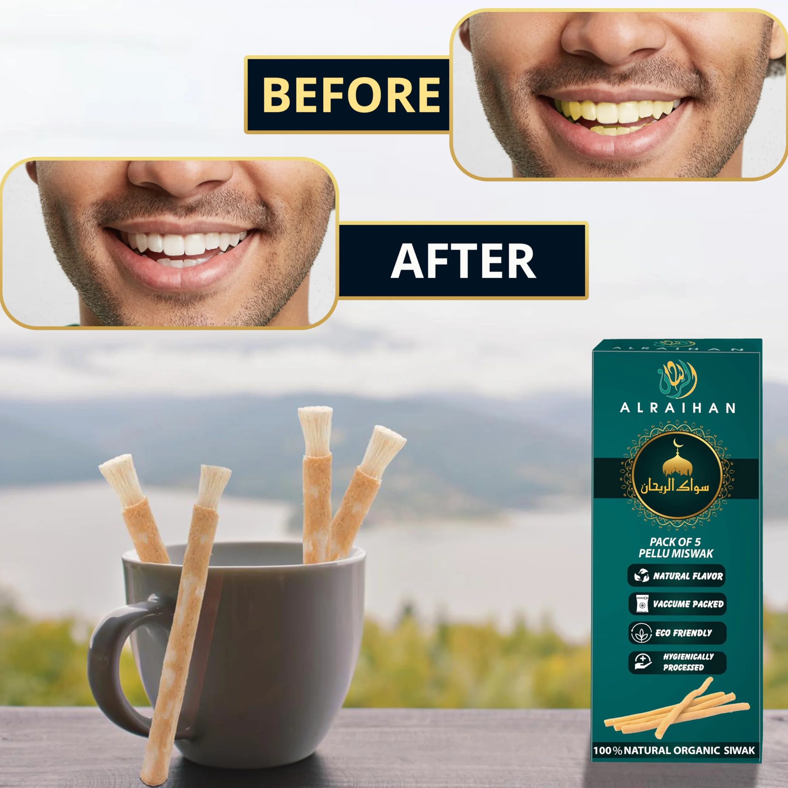 Miswak Bastoncini per la pulizia dei denti 5 pezzi con supporto - Spazzolino sigillato sapore naturale