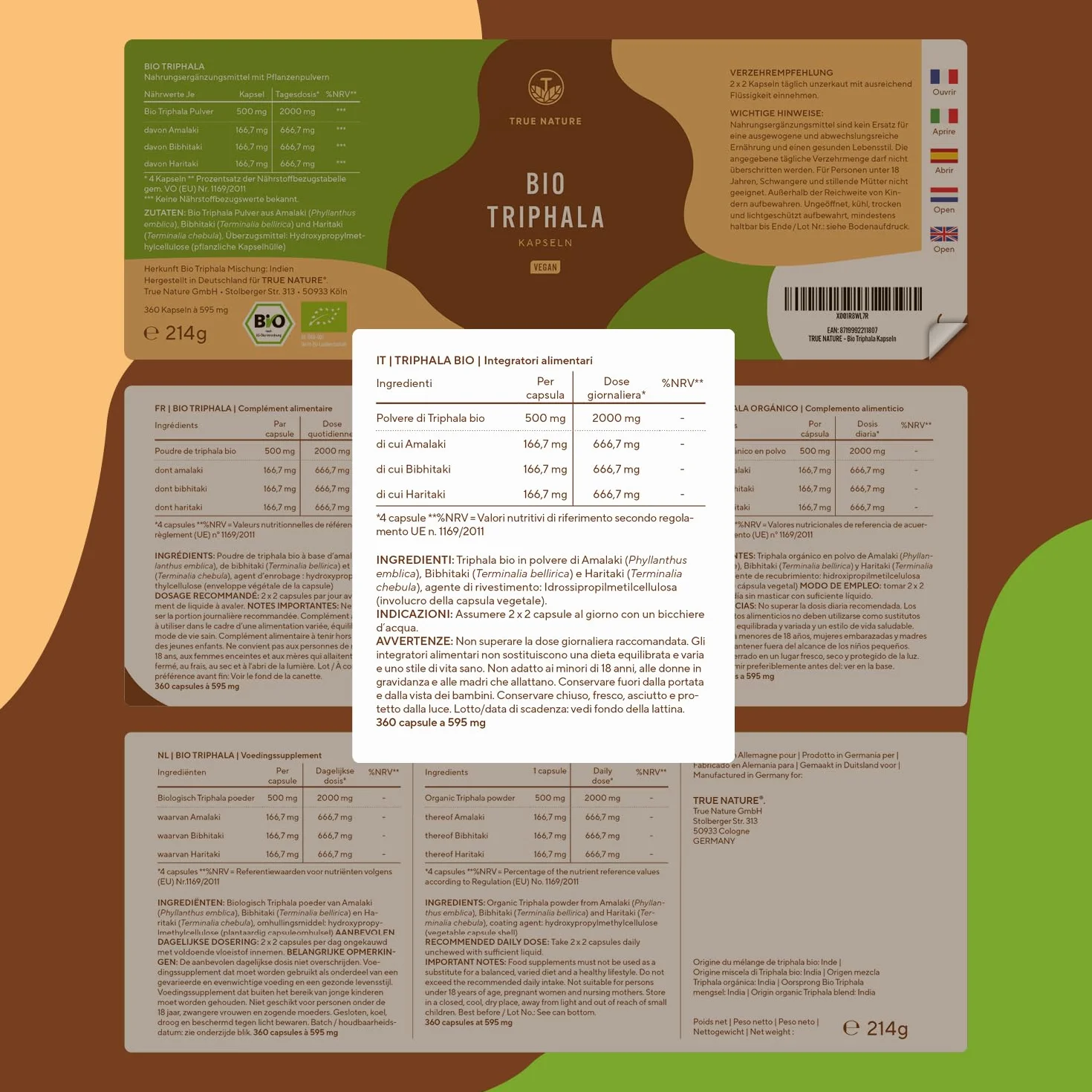 Triphala Bio - 360 Capsule - 2000 mg Dose giornaliera (Alto dosaggio) - Triphala capsule di qualità premium dall'India India - Senza additivi, Testato in laboratorio, produzione tedesca - TRUE NATURE