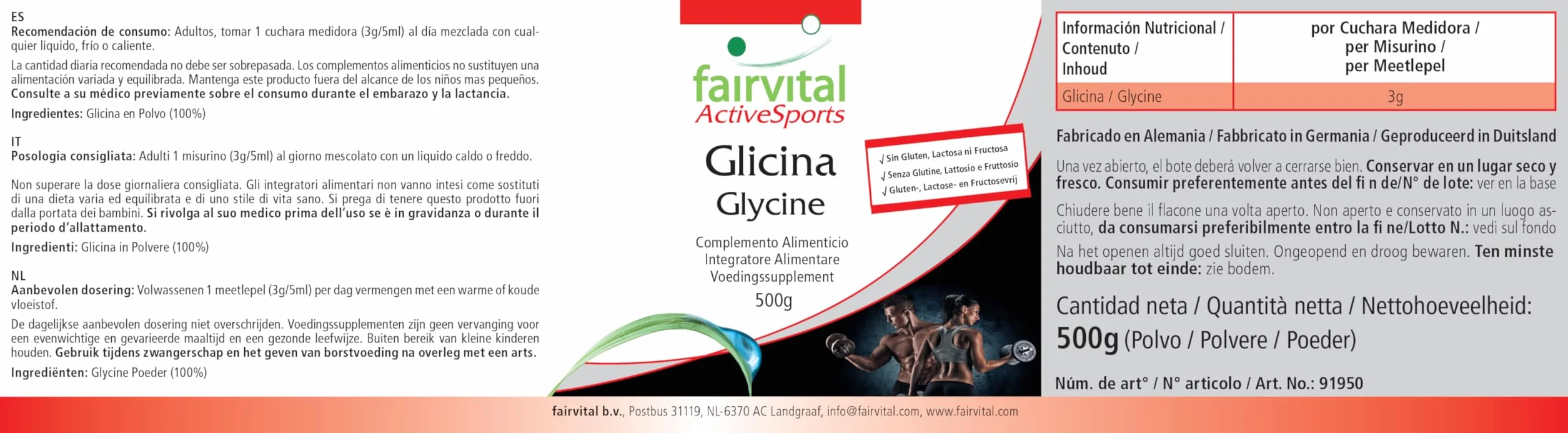 fairvital Glicina in polvere, 500 g, VEGANA, aminoacido, glicina in polvere pura al 100% senza additivi