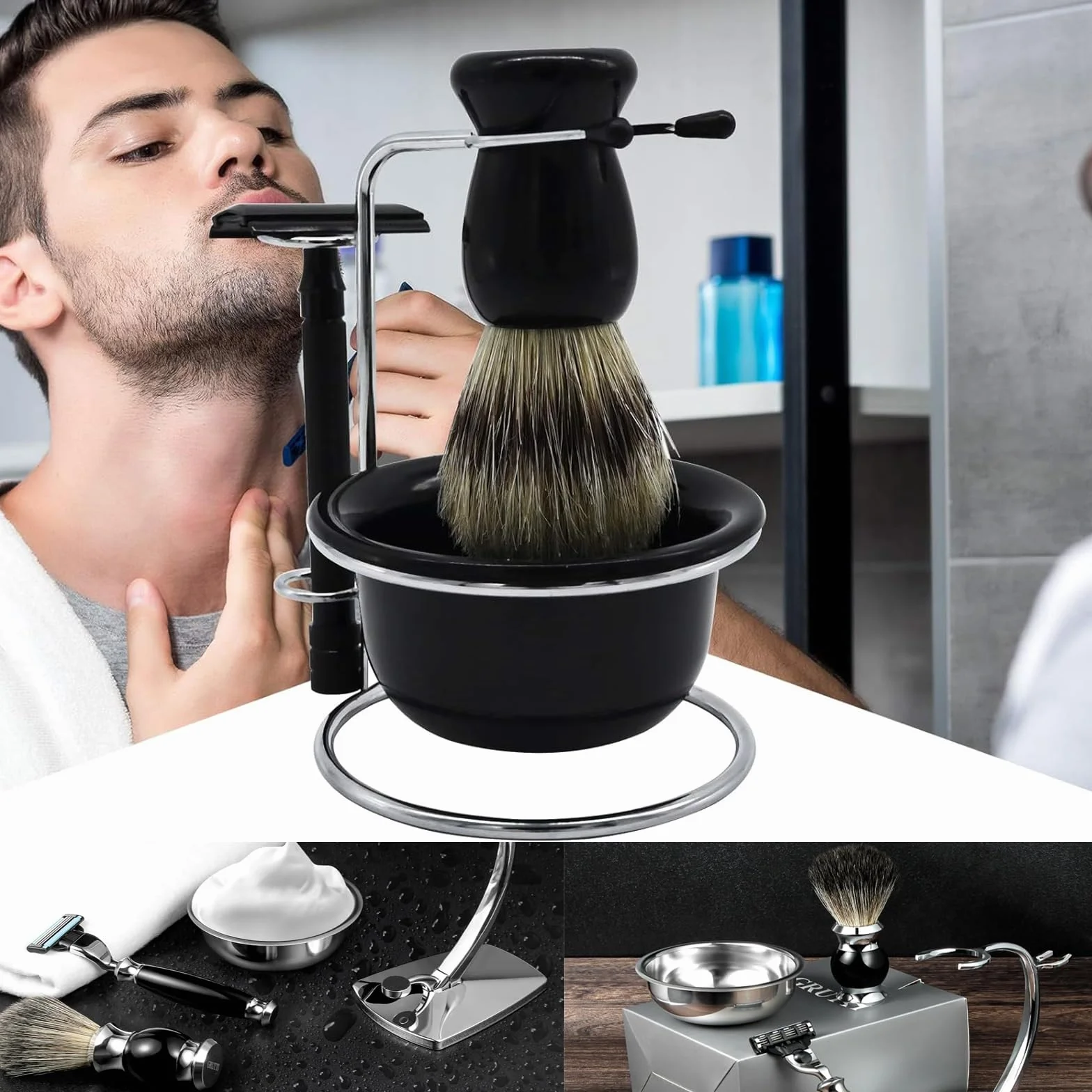 Set da barba da uomo, universale, supporto per pennelli da barba, in acciaio inox, resistente, supporto per rasatura di sicurezza, per rasoi manuali, pennello da barba