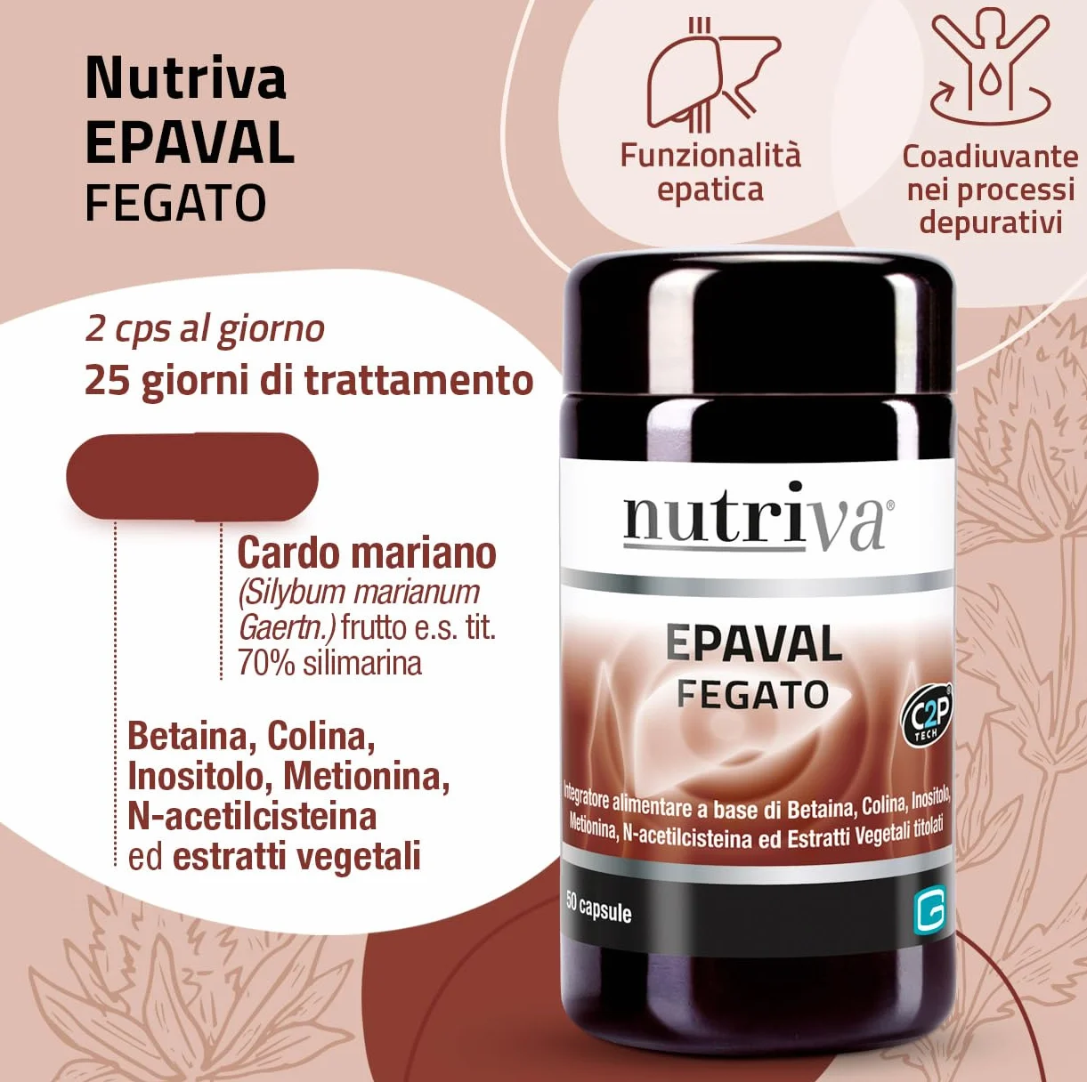 NUTRIVA Epaval Integratore Alimentare Betaina Colina Inositolo Metionina N-acetilcisteina 50 Capsule