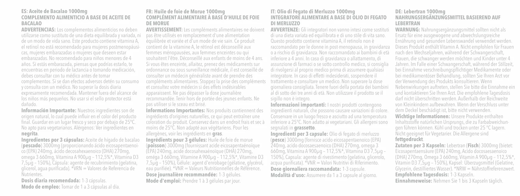 Olio Di Fegato Di Merluzzo 1000mg Omega 3 EPA DHA 180 Capsule Supporto Cervello Vista Immunità