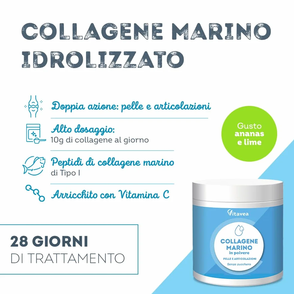 Collagene Marino in Polvere con Vitamina C 10000 mg Peptidi di Collagene di Pesce - Collagene Idrolizzato - Aroma Limone e Lime Vitavea