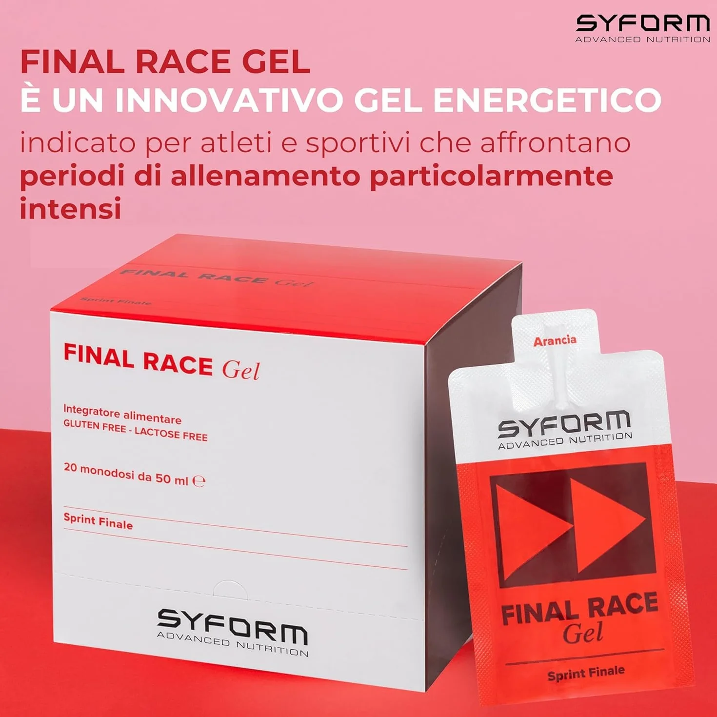 FINAL RACE GEL, Energia fulminea per lo sprint finale - Carbo 1:0,8, Con Esafosfina, Acetilcarnitina e beta-Alanina, Contrasta l’acidosi muscolare, Senza Glutine, Senza Lattosio, EXPO 20 GEL ARANCIA