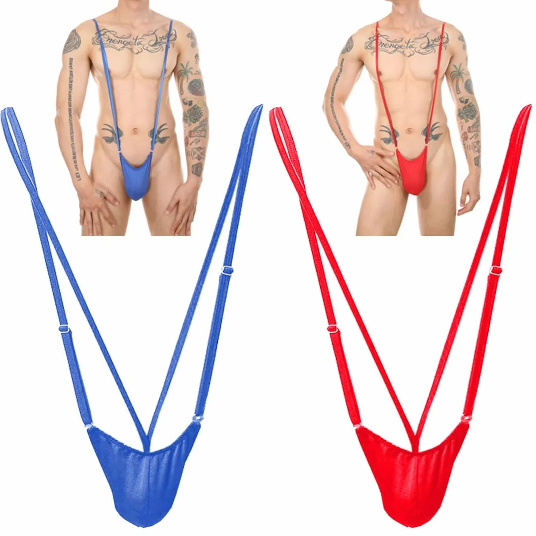 Perizoma Uomo Sexy V Sling Manikini Borat Costume da bagno 2 Pack Blu + Rosso