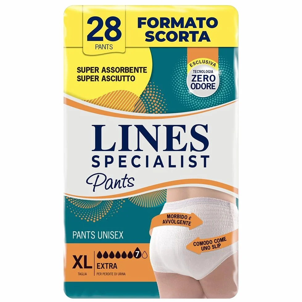 Lines Specialist Pants Extra Unisex, Mutande Assorbenti per Incontinenza Donna e Uomo, Asciutto Lampo e Massima Protezione, Zero Odore, Taglia XL, Scorta Mensile, 4 Confezioni da 7 Unità