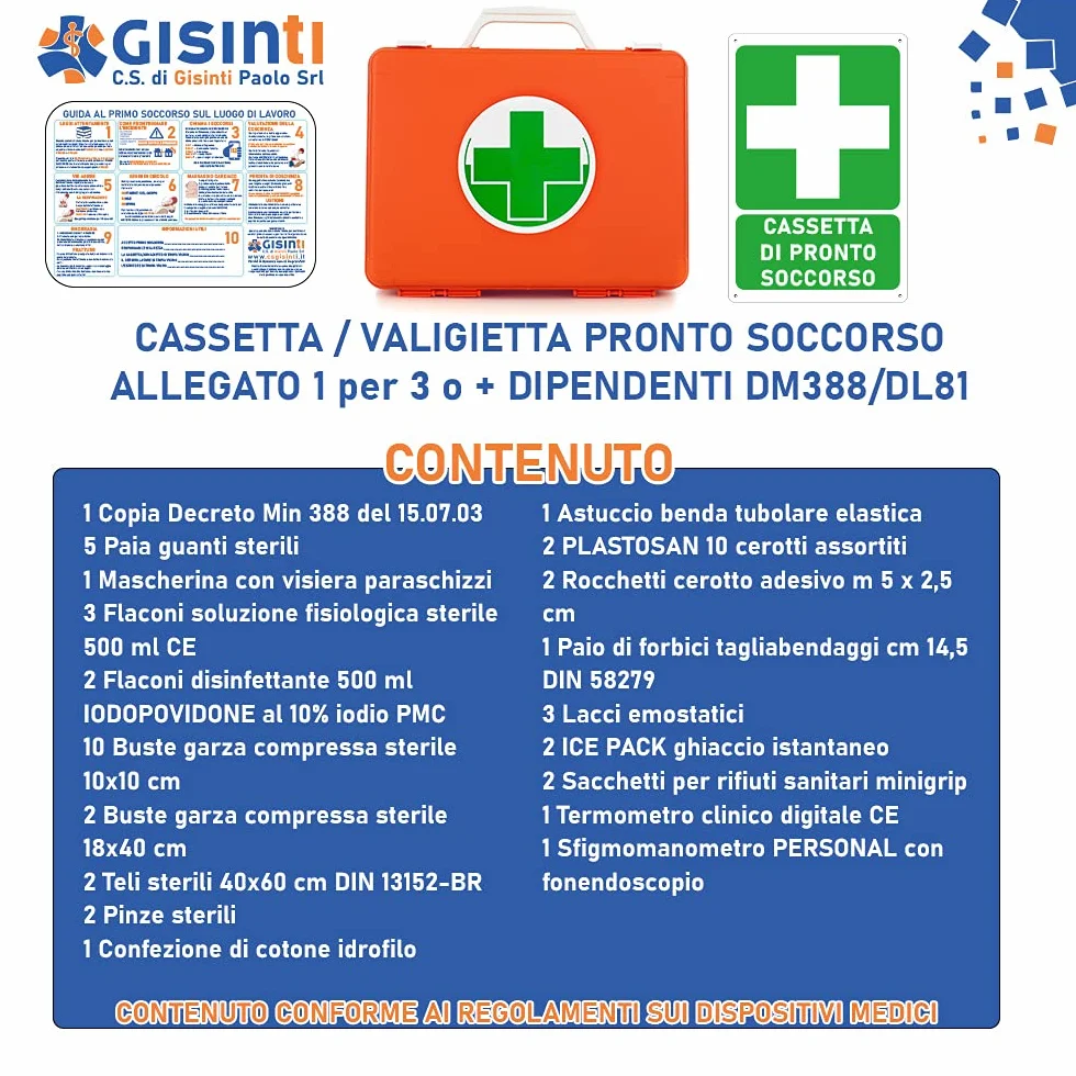 Gisinti Kit Cassetta Pronto Soccorso All.1 Aziende 3+ Lavoratori Gruppo A B Cartello PVC 30x20 Arancio