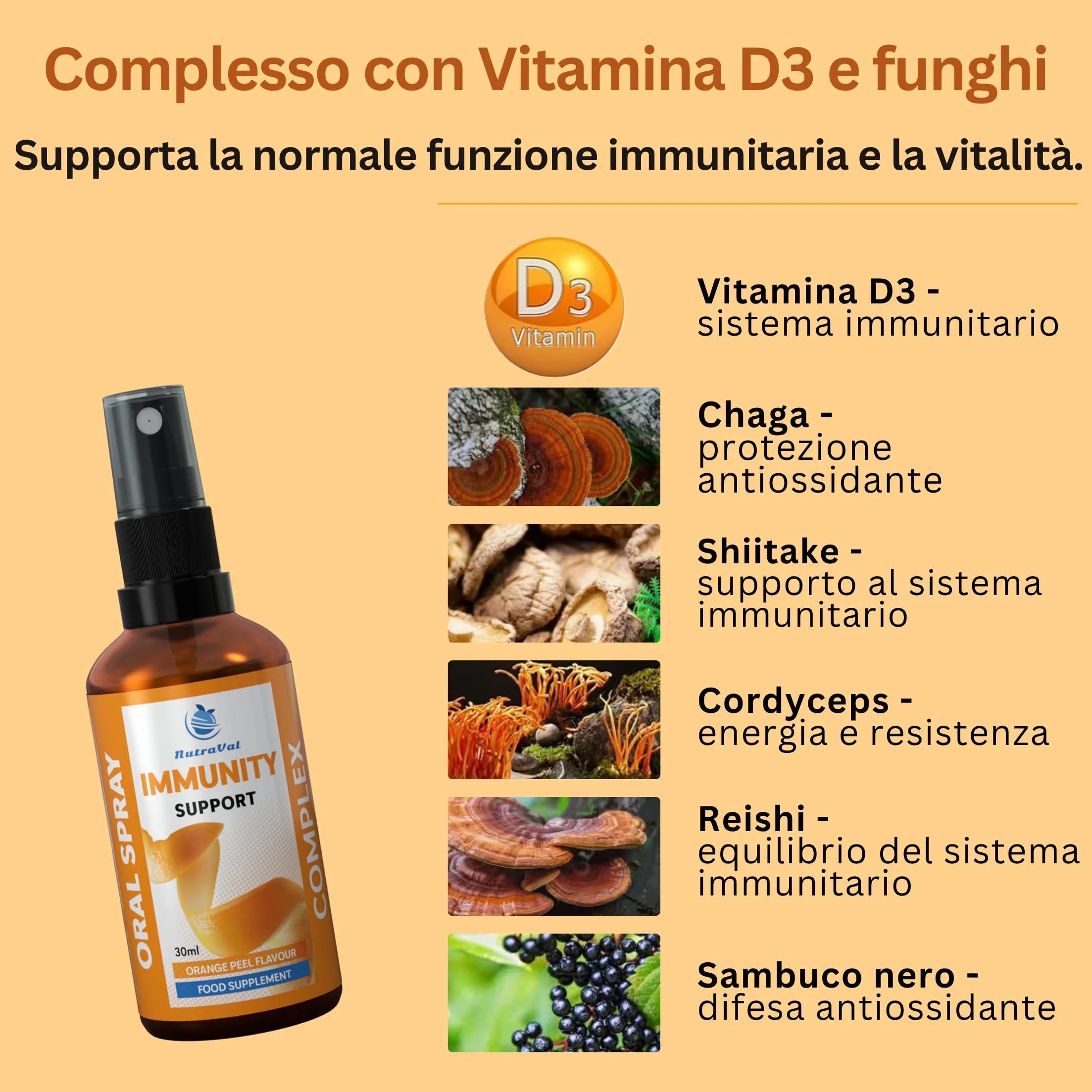 Spray Immunità con Complesso di 4 Funghi | Chaga, Reishi, Shiitake & Cordyceps | Vitamina D3 2000 UI – Immunità, Ossa & Muscoli | Sambuco Nero | Assorbimento Rapido – Senza Compresse | Vegano | 30 ml
