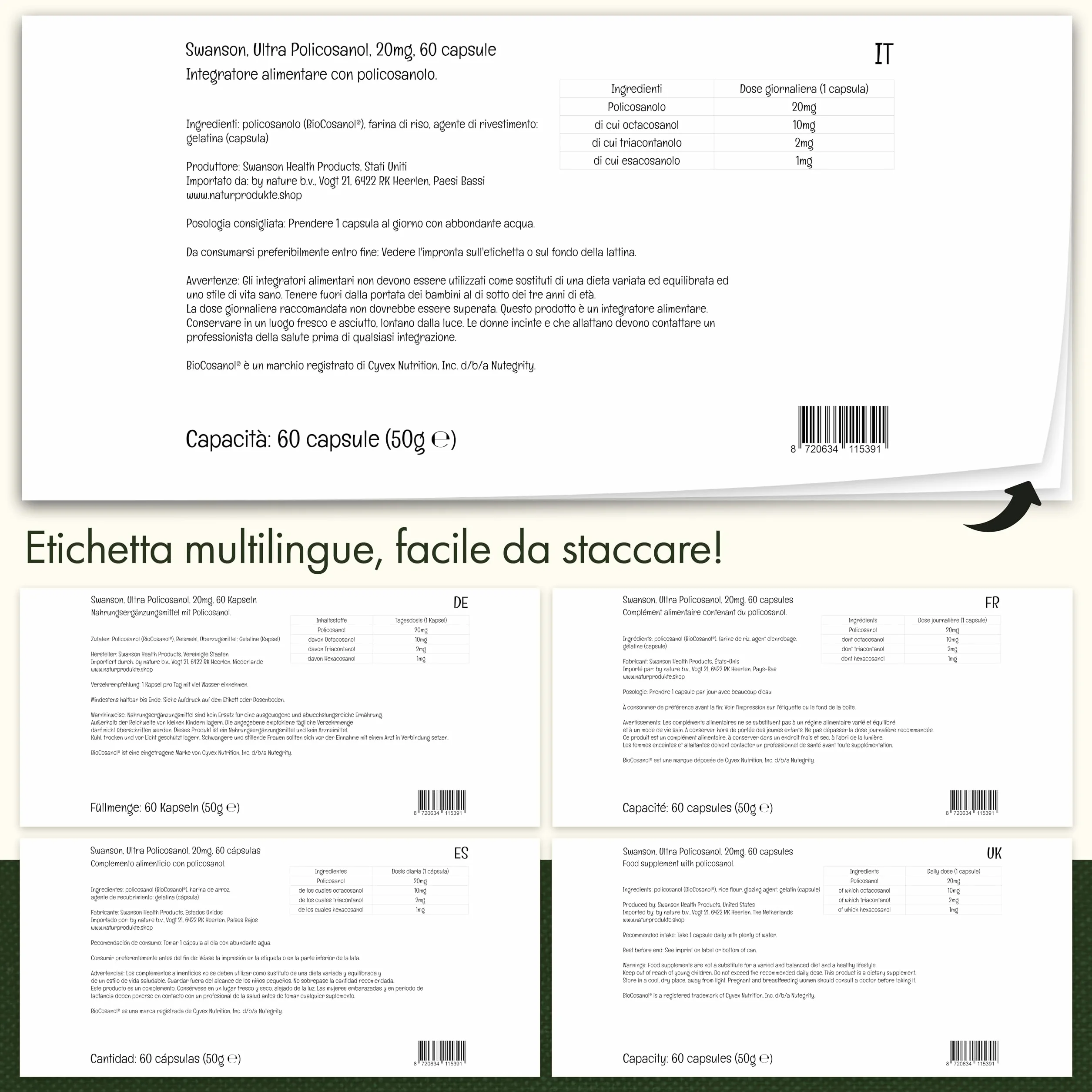 Swanson Policosanol, 20mg, estratto dalla canna da zucchero, alta dose, 60 capsule, Testato in Laboratorio, Senza Glutine, Senza Soia, Non OGM