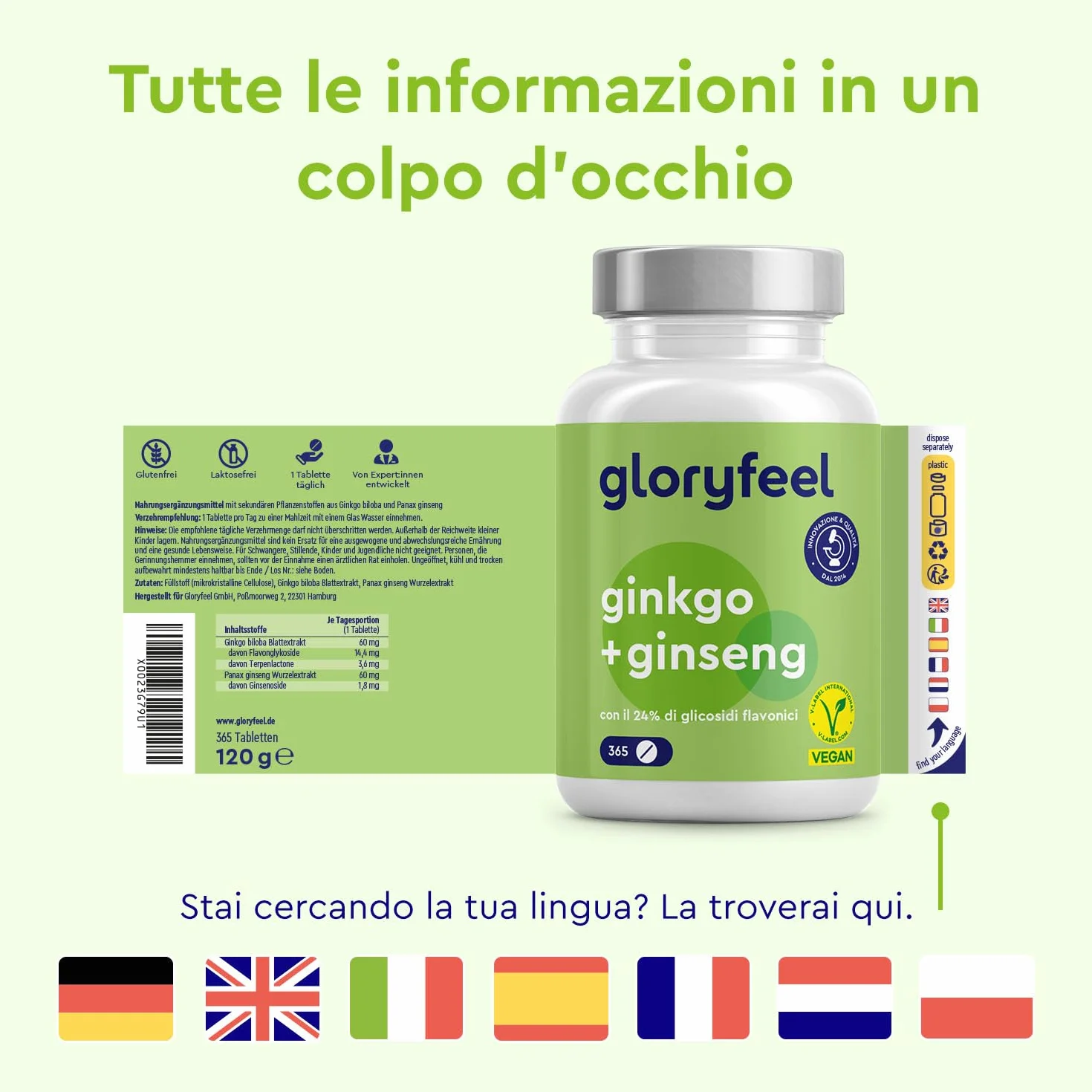 Ginkgo + Ginseng 365 Compresse - 24% Glicosidi Flavonici - Estratto di Panax Ginseng e Ginkgo Biloba (50:1) ad Alto Dosaggio - Scorta di 1 Anno - Testato in Laboratorio, Vegan e Senza Additivi