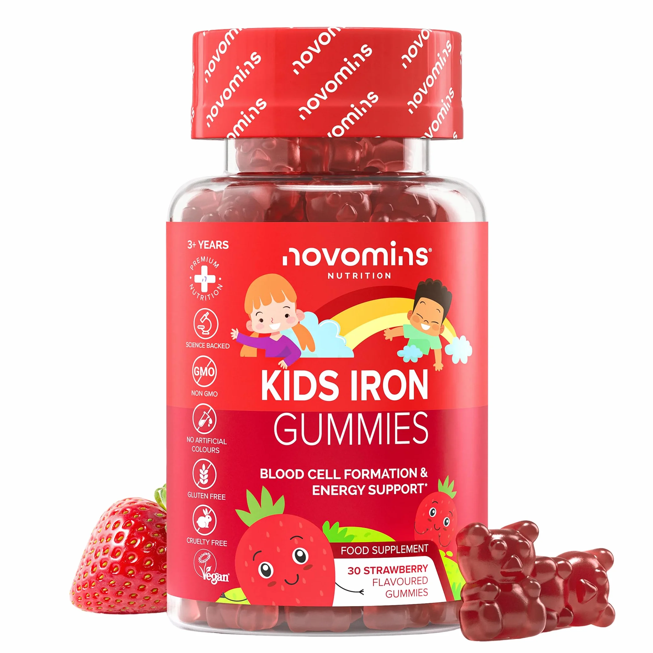 Ferro Bambini Gommose – Ferro + Vitamina C per l'Assorbimento – Energia, Globuli Rossi e Difese – Vegano, Senza Glutine – 30 Gommose Gusto Fragola – Novomins