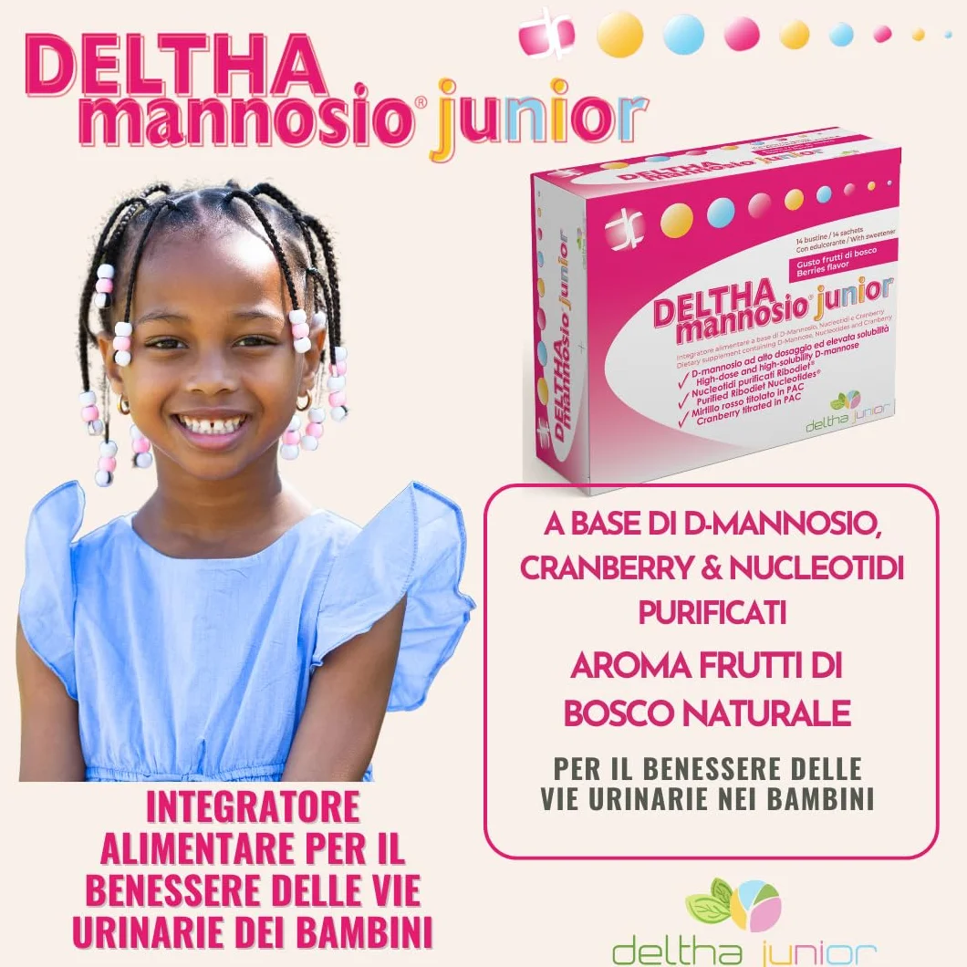 DELTHAmannosio Junior D Mannosio alto dosaggio 500mg Mirtilli rossi e nucleotidi purificati Made in Italy per le vie urinarie dei bambini