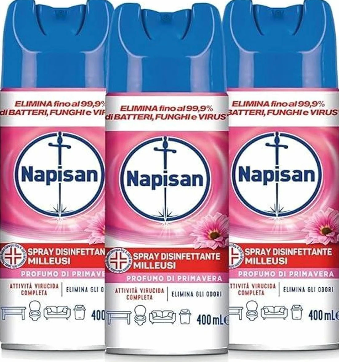 Napisan Spray Disinfettante Milleusi, Disinfettante Spray per Tessuti e Superfici, Fragranza Profumo Di Primavera, Confezione da 3 da 400ml