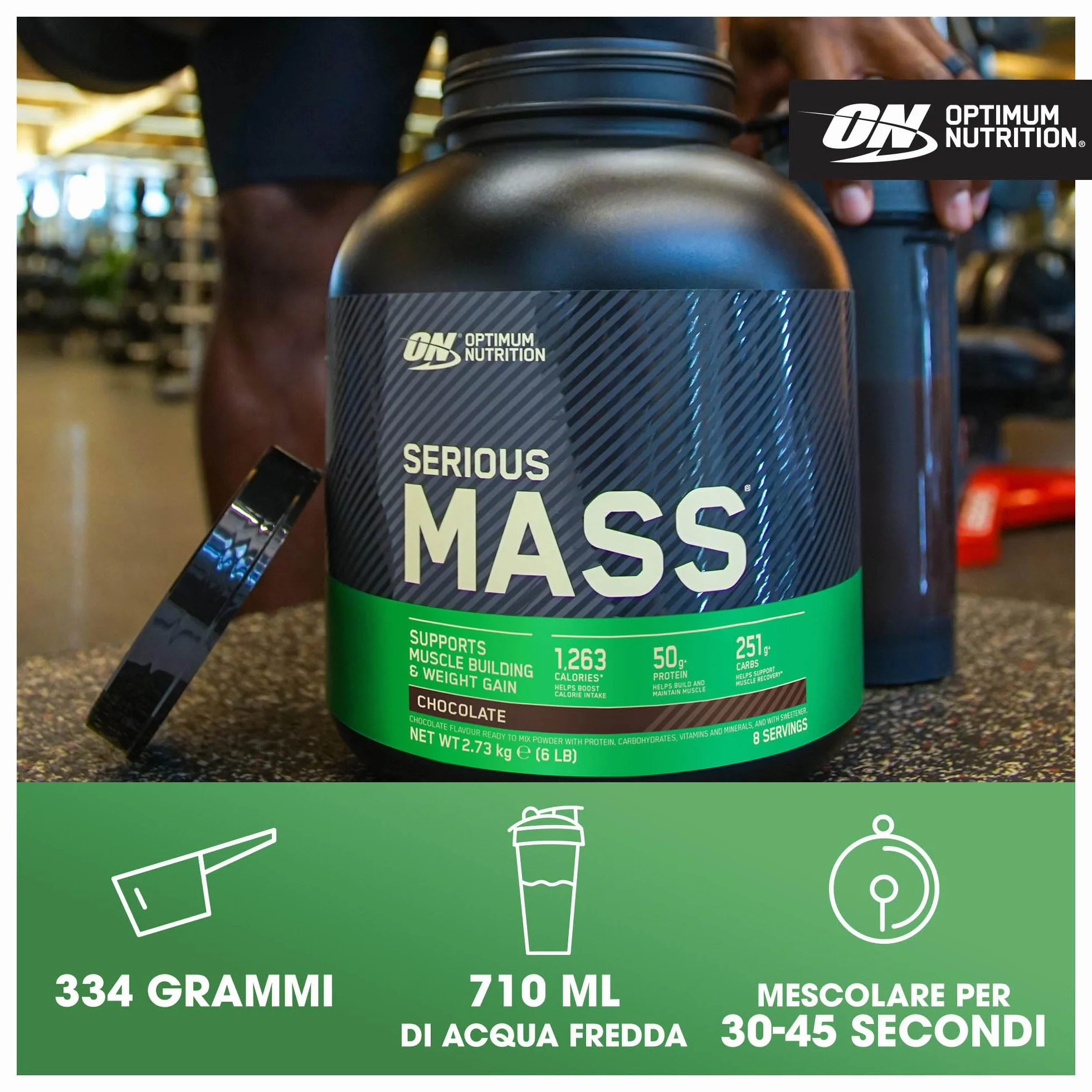 Optimum Nutrition Serious Mass Proteine in Polvere Gusto Cioccolato 2,73 kg 8 Dosi