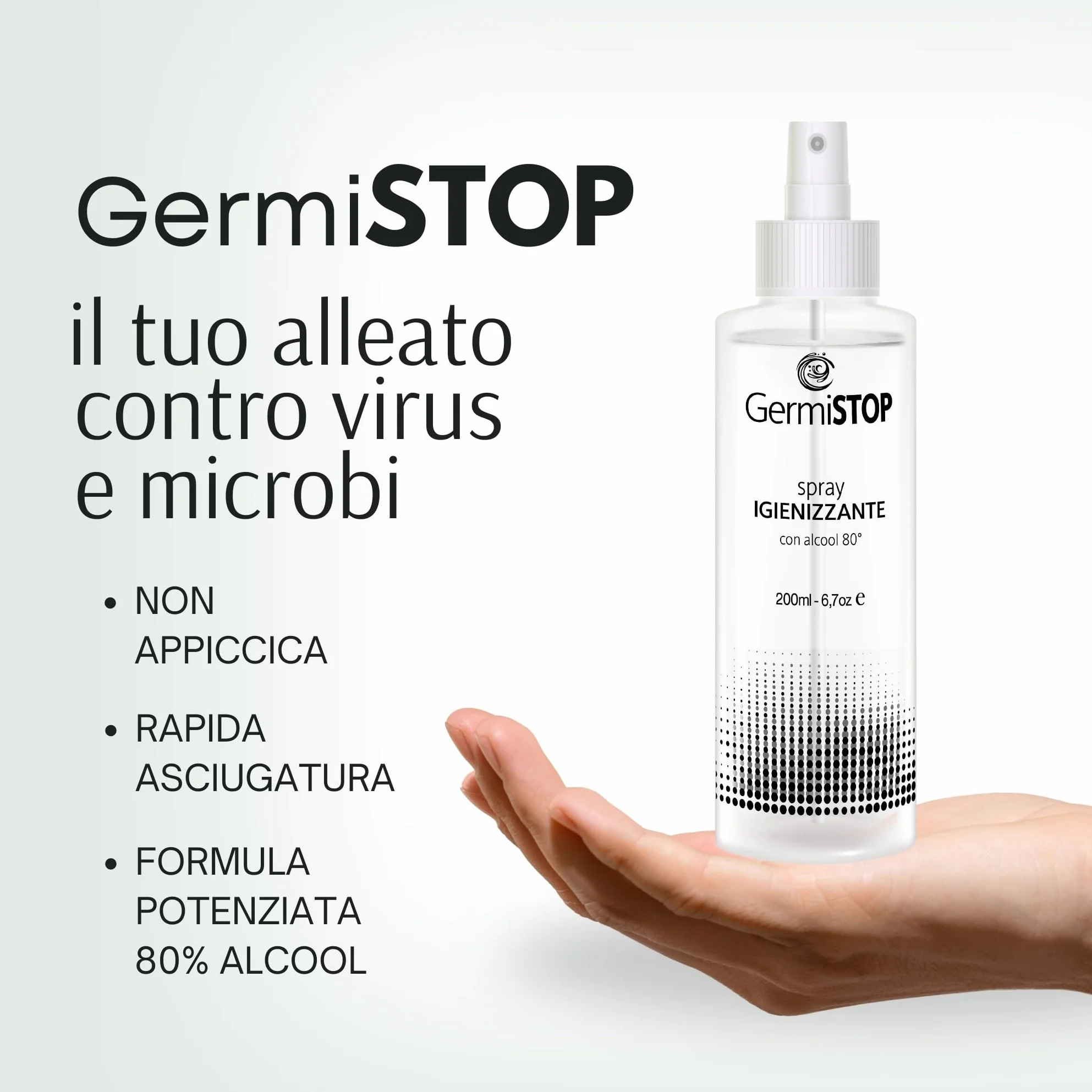 GERMISTOP Igienizzante Mani 3x200ml Alcool 80% Glicerina Spray Igienizzante Superfici