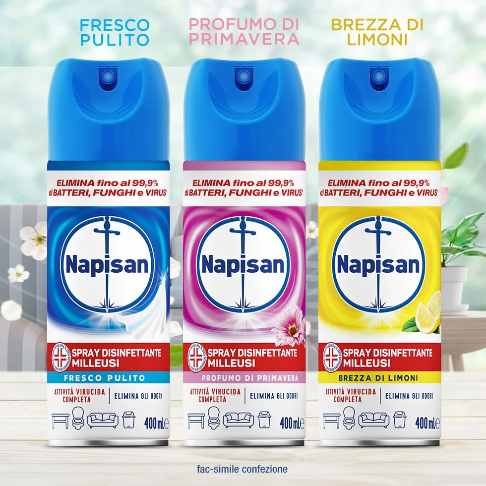 Napisan Spray Disinfettante Milleusi, 6x400ml per Tessuti e Superfici, Fragranza Primavera