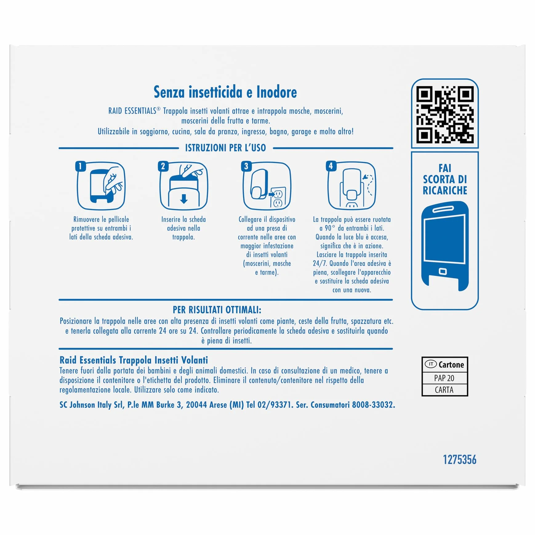 Raid Essentials Trappola Insetti Volanti Base Antimosche, Antimoscerini e Antitarme, Senza Insetticida, Protezione 24/7 dagli Insetti Volanti, per uso Interno, 1 Trappola e 1 Ricarica