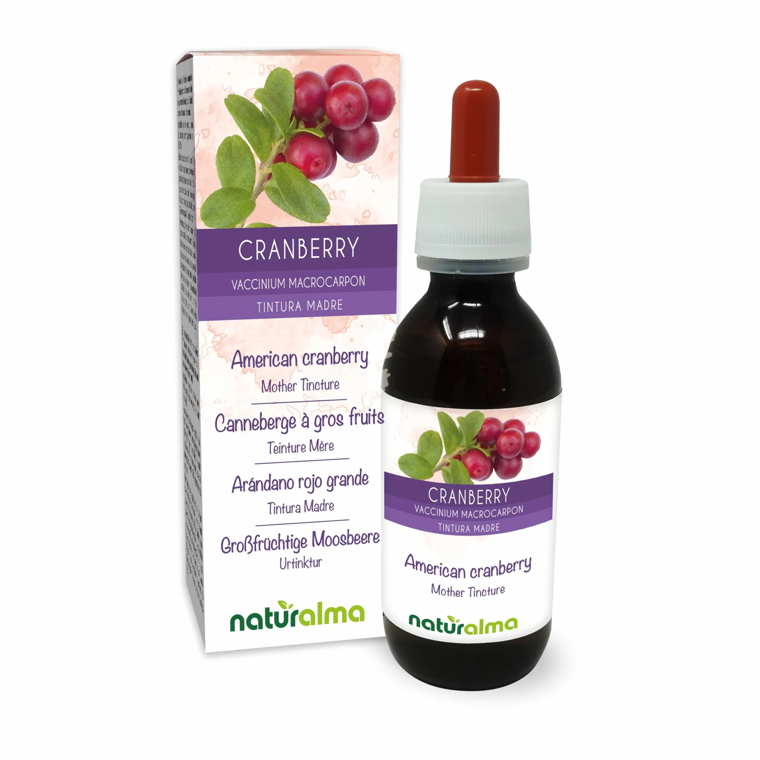 Cranberry o Mirtillo rosso americano (Vaccinium macrocarpon o Oxycoccus macrocarpos) frutti Tintura Madre analcoolica Naturalma - Estratto liquido gocce 120 ml - Integratore alimentare - Vegano