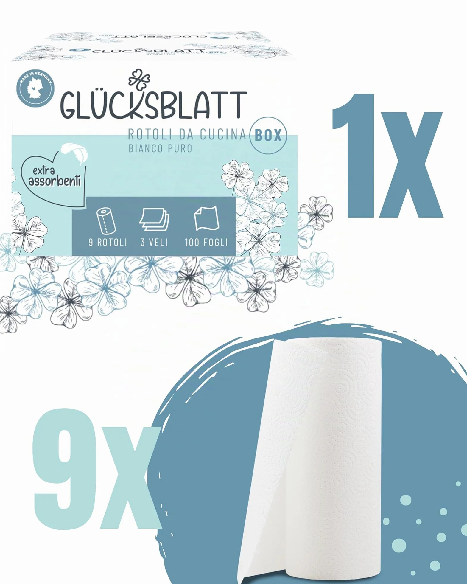 Glücksblatt Carta da Cucina 9 Rotoli 100 Fogli 3 Strati Senza Plastica Sostenibili