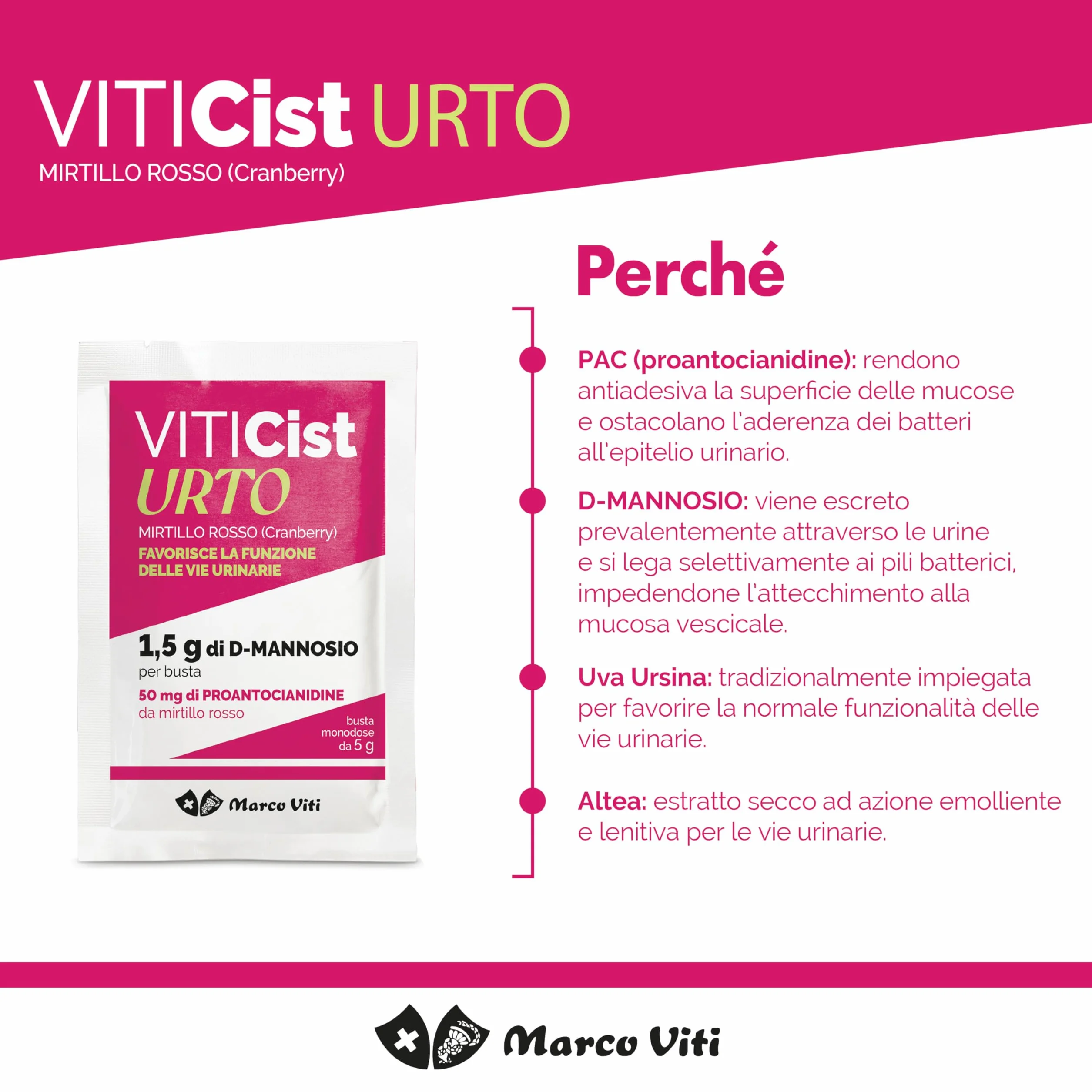Marco Viti Viticist Urto, 10 Bustine da 3,5 g, Integratore con Cranberry, Uva Ursina, Altea e 1,5 g D-Mannosio, Supporto Vie Urinarie, Senza Glutine, Lattosio e Zuccheri