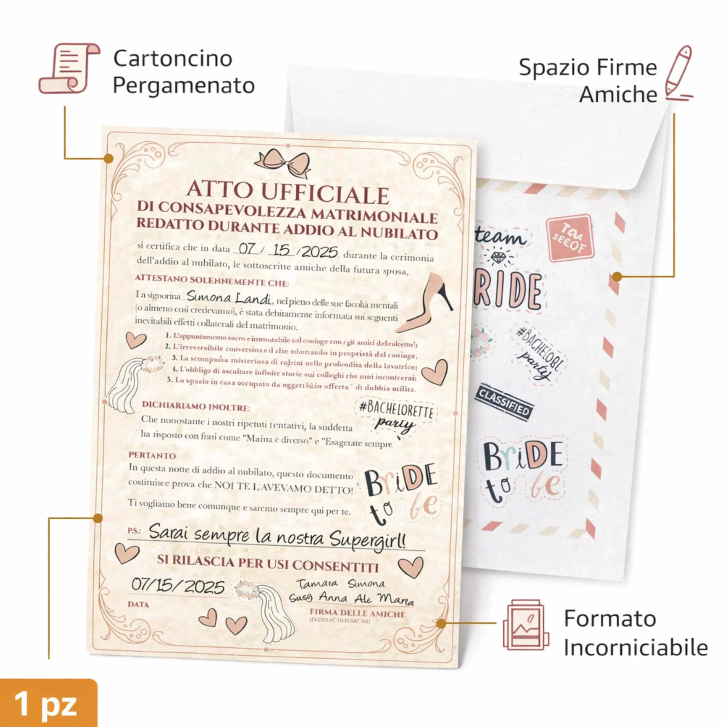 KAÏDENSÏ Gadget Addio al Nubilato Sposa - Pergamena Atto di Consapevolezza Matrimoniale - Accessori Team Bride Divertenti - Kit Idea Regalo Originale