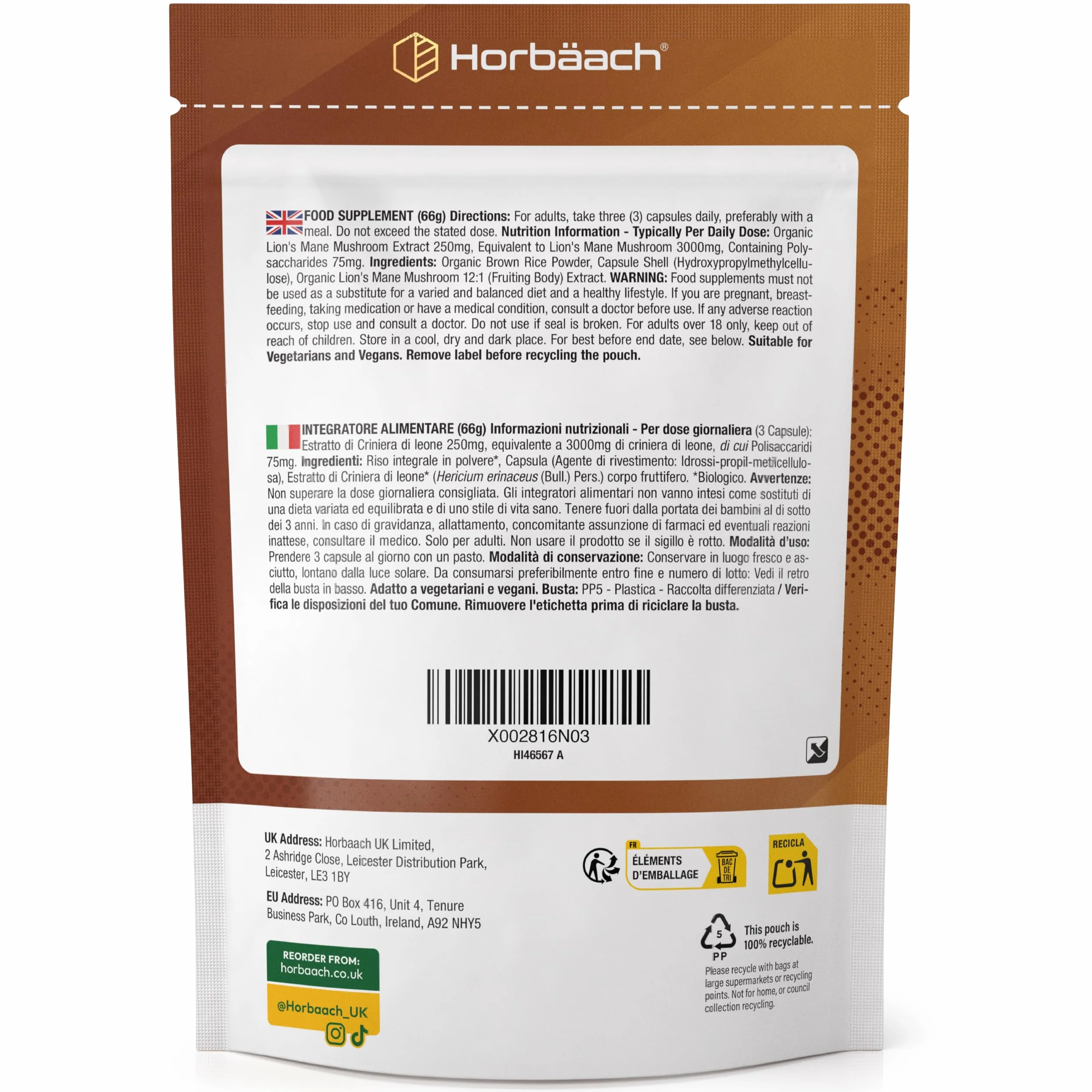 Lions Mane Bio 3000 mg | 120 Capsule Vegane | Hericium Erinaceus | Criniera di Leone Fungo Integratore | Estratto di Funghi ad Alto Dosaggio | Mushroom Supplement | Horbaach