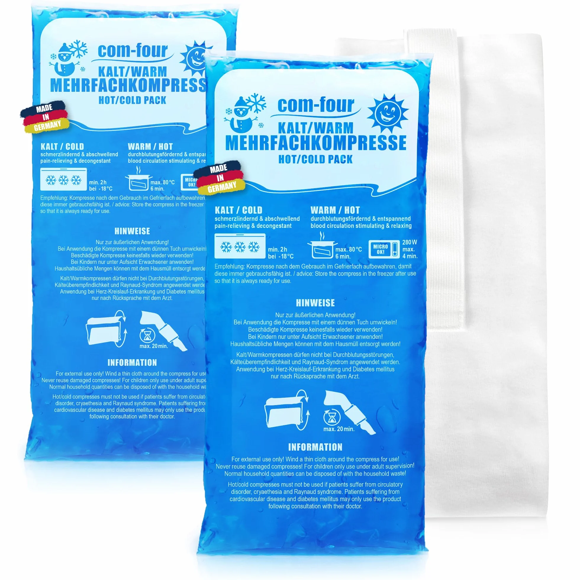 com-four® 2 Grandi compresse Multiple con Copertura in Pile Riutilizzabile di Alta qualità, compresse Fredde e Calde con Gel Cool Pack, Copertura Protettiva con Elastico - Made in Germany