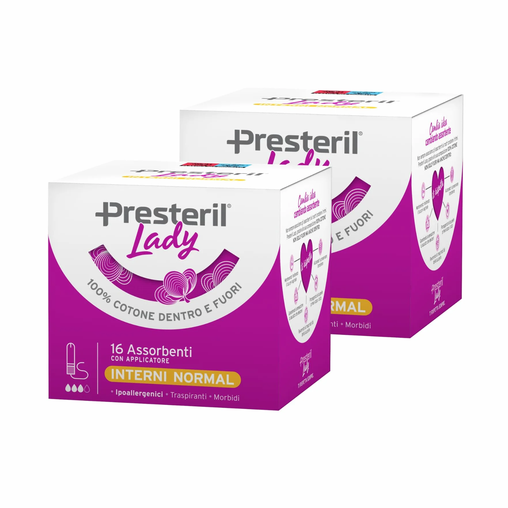 Presteril Lady Assorbenti Interni Normal 100% Cotone Ipoallergenico con Applicatore, Formato Bipack, 32 Tamponi
