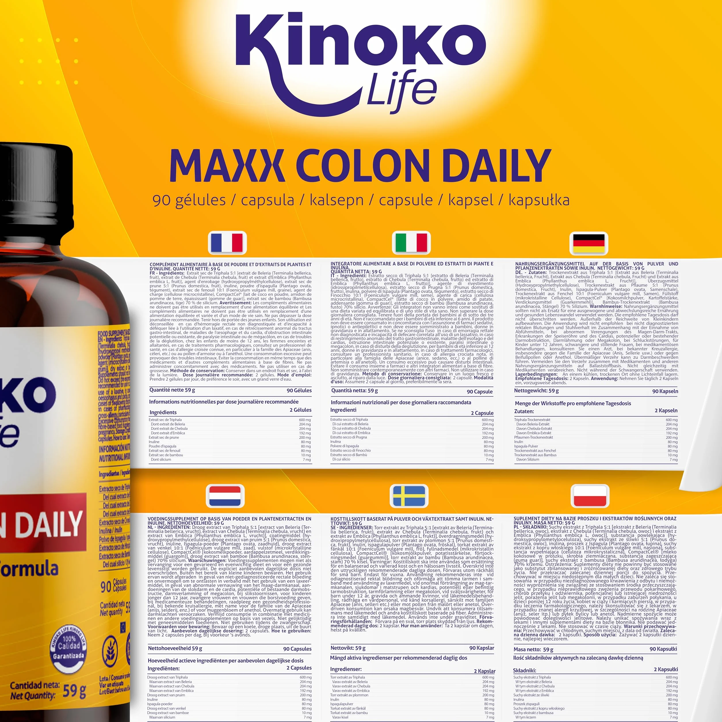 MaXX COLON DAILY – Lassativo Naturale e Sollievo dalla Stitichezza | Triphala + Psyllium (Fibre Prebiotiche) | Regolarità, Transito Intestinale e Riduzione dei Gas (90 Capsule)