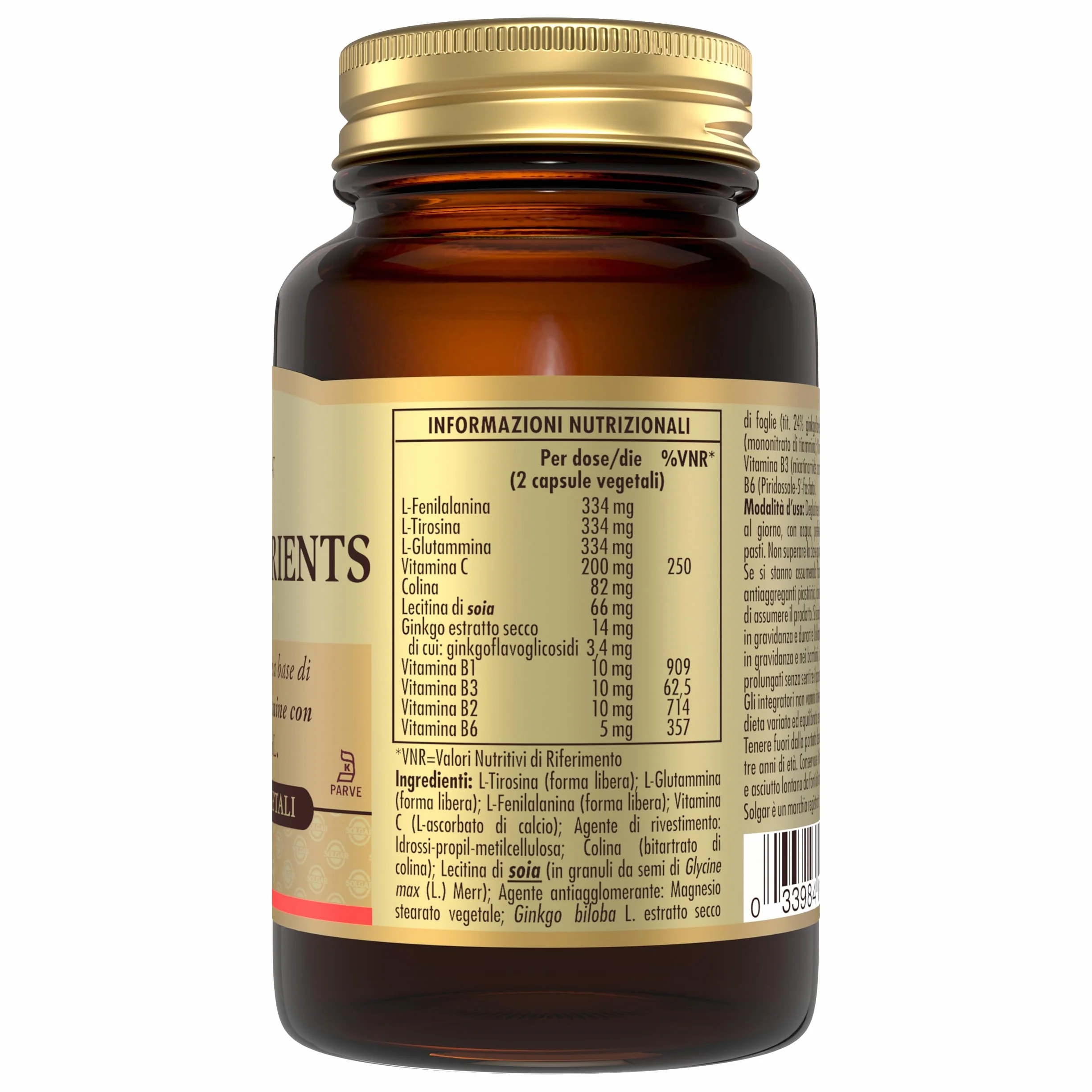 Solgar NEURO NUTRIENTS – Amminoacidi, vitamine del gruppo B e Ginkgo biloba, 30 capsule vegetali