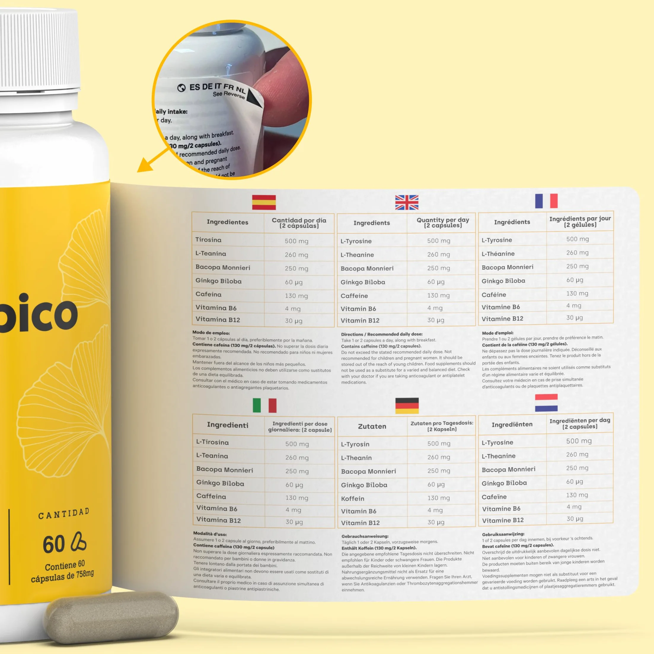 Nootropico Naturale XL 60 Capsule Caffeina Ginkgo Biloba Teanina Concentrazione Memoria Energia