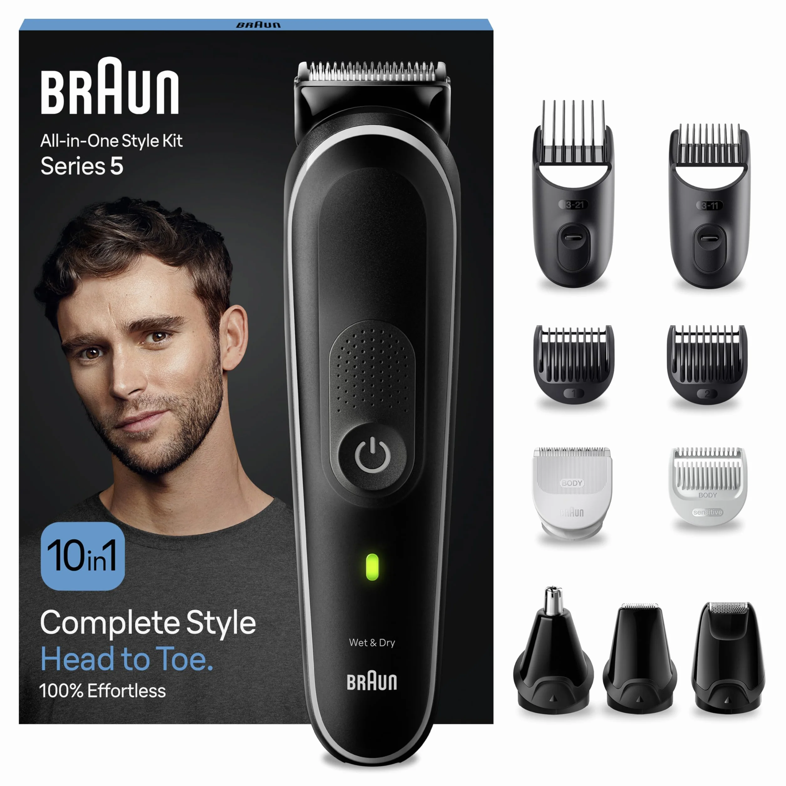 Braun REGOLABARBA STYLING KIT, Tagliacapelli Uomo, Rasoio Elettrico Barba e Capelli, 10-In-1 per Barba, Capelli, Corpo, Naso e Orecchie, 100 Minuti Di Utilizzo Senza Fili, MGK5440