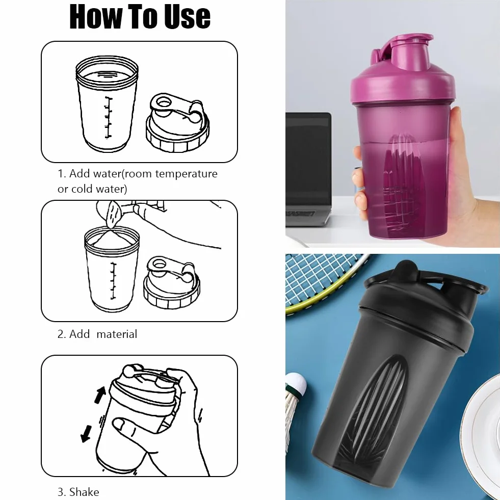 ACWOO Protein Shaker, 2PCS Shaker Proteico 500 ML, Bottiglia per Shaker con Tappo a Vite e Sfera di Miscelazione, Borraccia Palestra a Prova di Perdite con Maniglia, per Frullati Proteici, Senza BPA