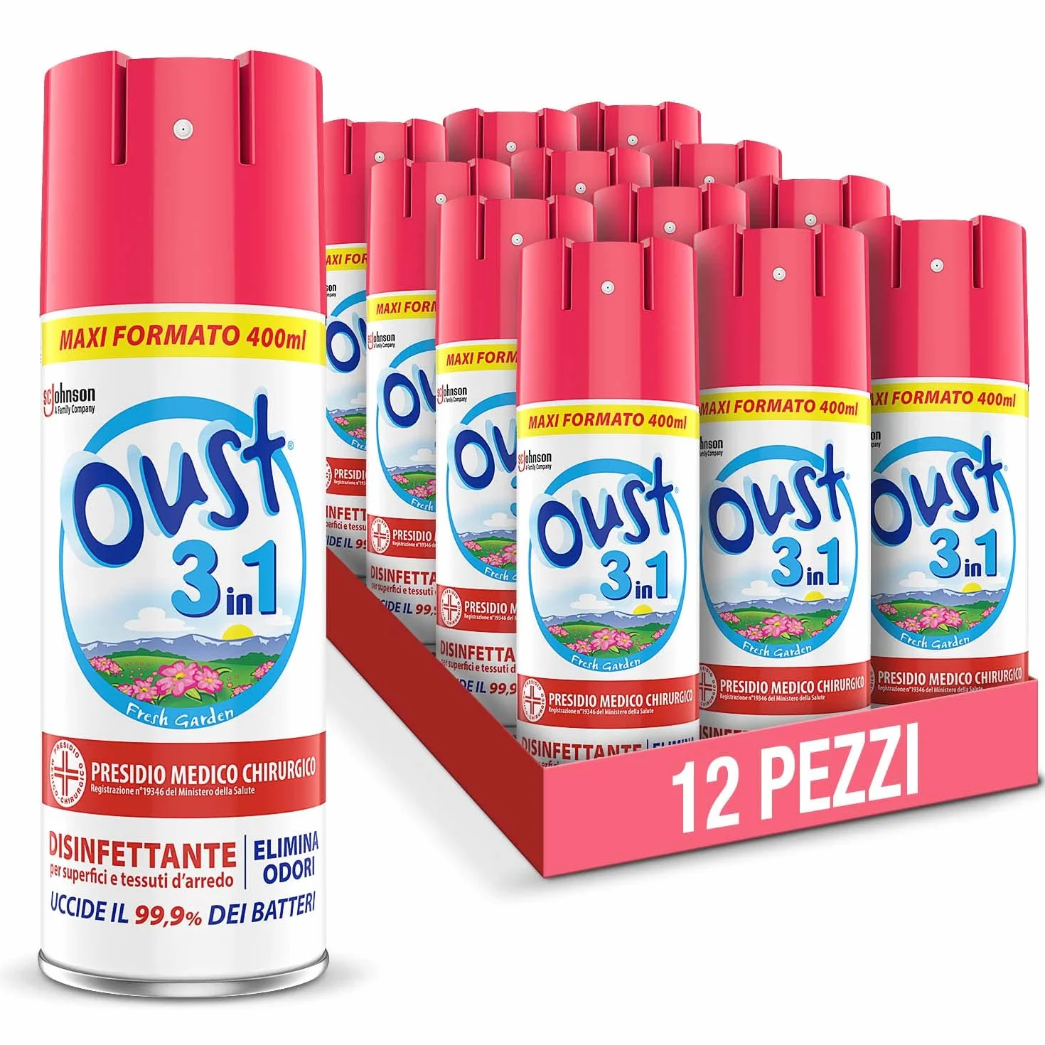 Oust 3 in 1 Spray Disinfettante 400 ml Fragranza Fresh Garden per Superfici e Tessuti Uccide 99,9% Batteri 12 unità