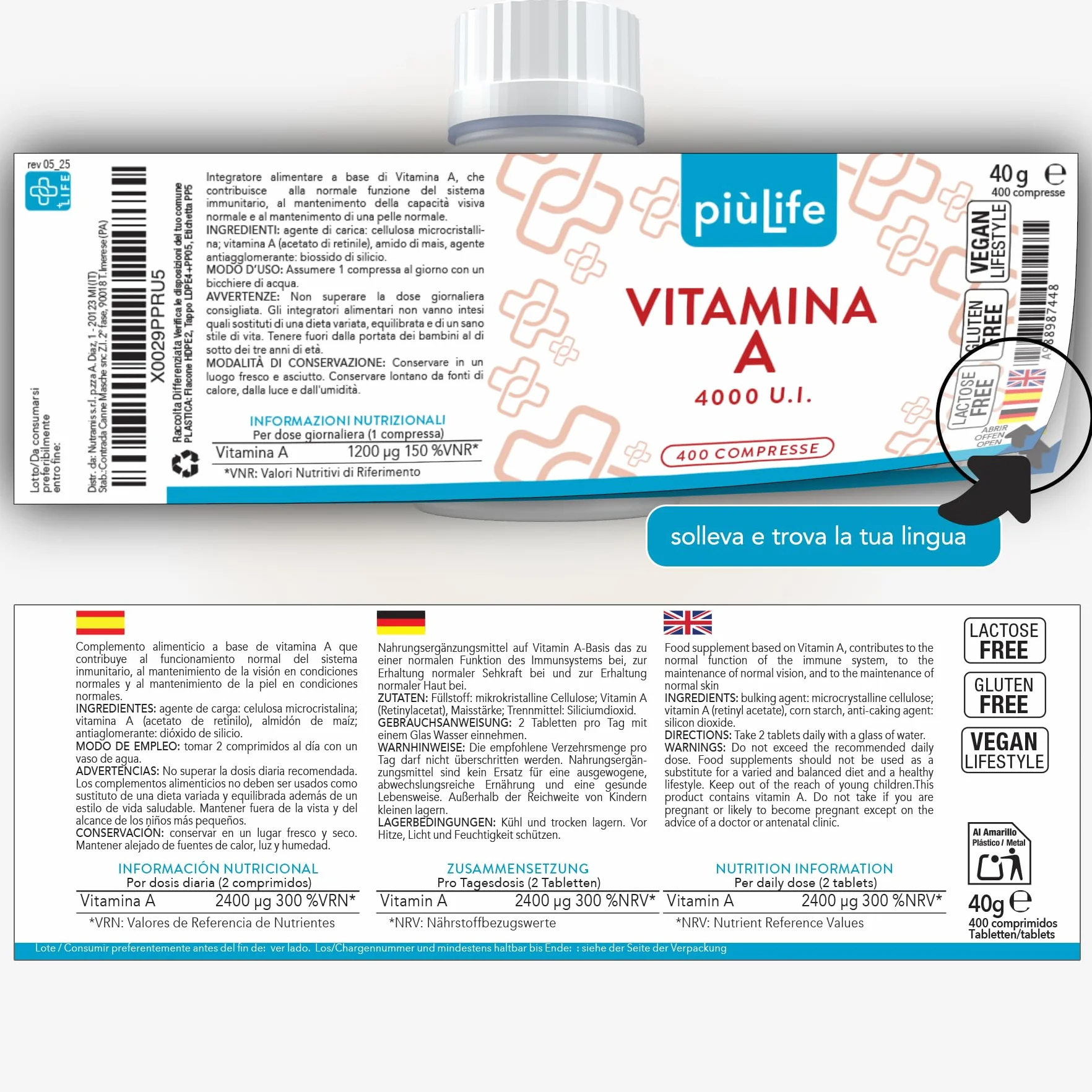 Vitamina A Pura 1200mcg PiùLife 4000 UI Per Compressa, Retinoidi Integratore, Vitamina A Retinolo (Acetato Di Retinile) Antiossidante Integratore Occhi Vista Pelle, Difese Immunitarie
